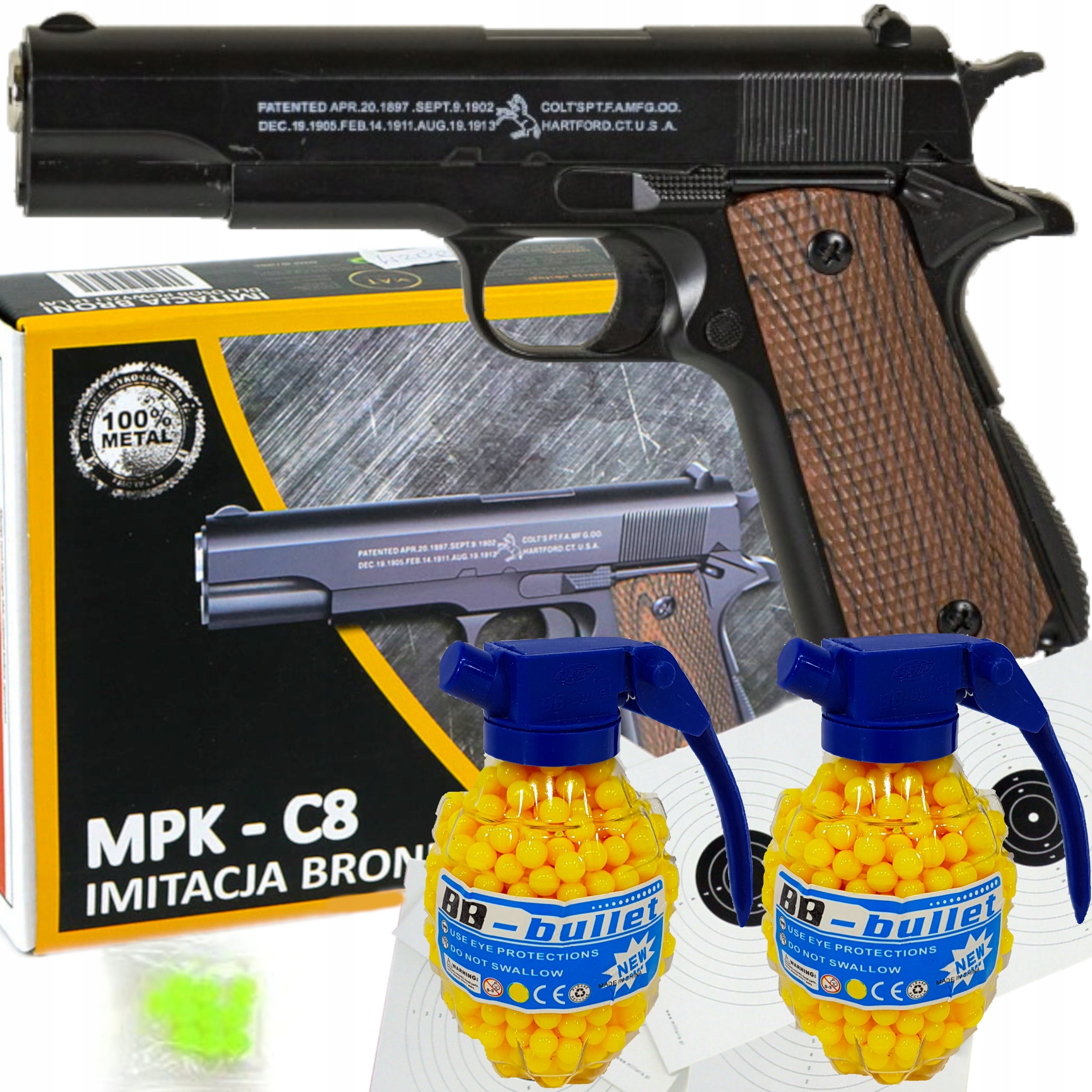 METAL GUN COLT M1911 FOR BALLS REPLICA ASG WITH LOCK + 2x GRENADES