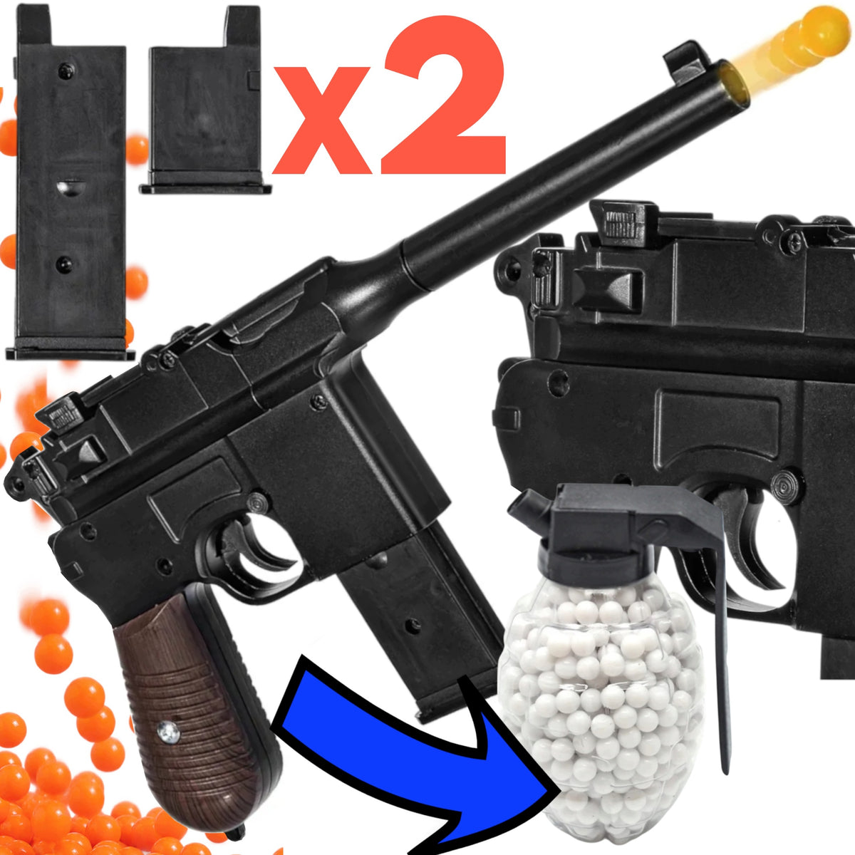 METAL GUN FOR BALLS MAUSER C96 REPLICA ASG 100% METAL + GRENADE BALLS