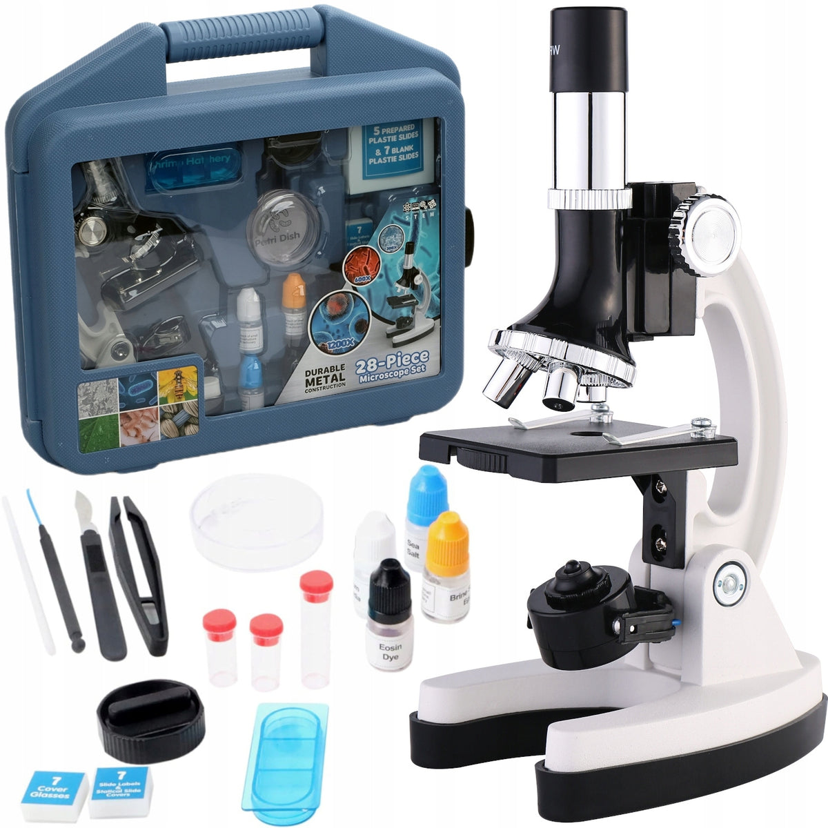METAL MICROSCOPE FOR CHILDREN 1200x LED LIGHT + AKC LARGE SET IN SUITCASE