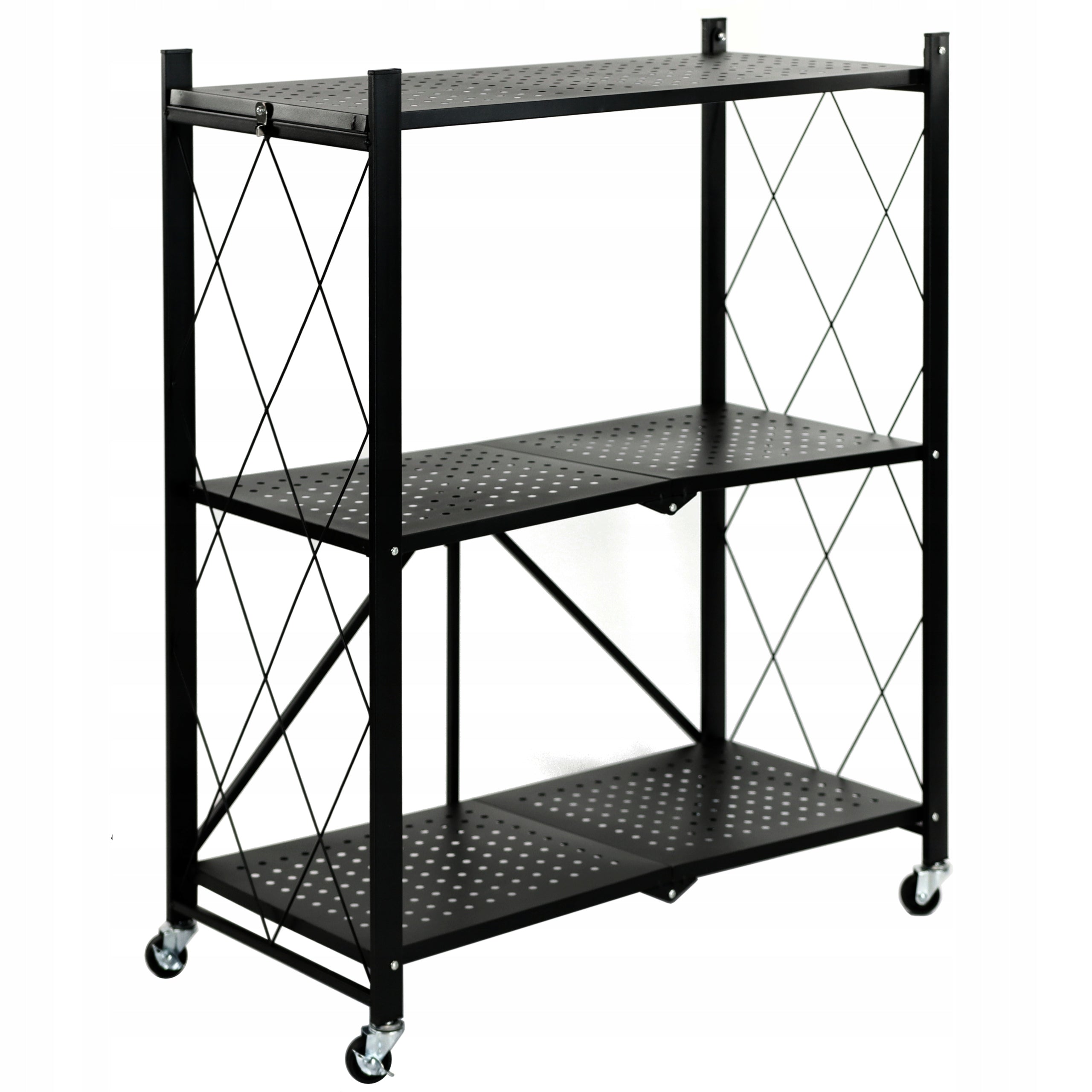 METAL RACK FOLDING ON WHEELS BLACK STORAGE KITCHEN LOFT 3 SHELVES Packaging status original