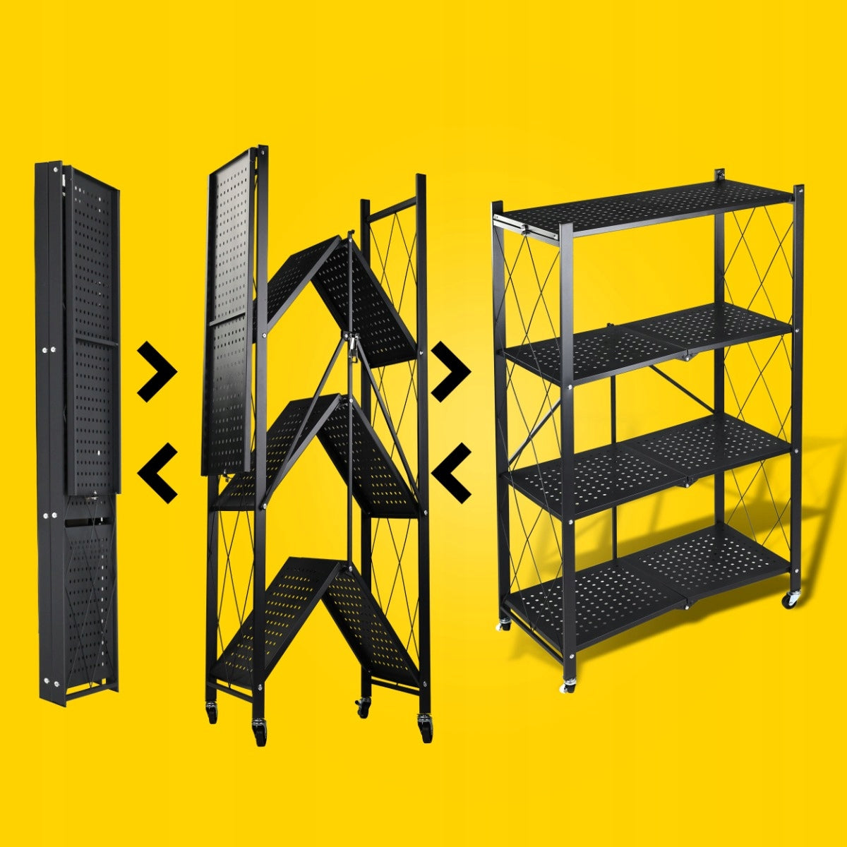 METAL RACK FOLDING ON WHEELS BLACK STORAGE KITCHEN LOFT 4 SHELVES Manufacturer code SUPRIMO RM4 regał metalowy składany kółka