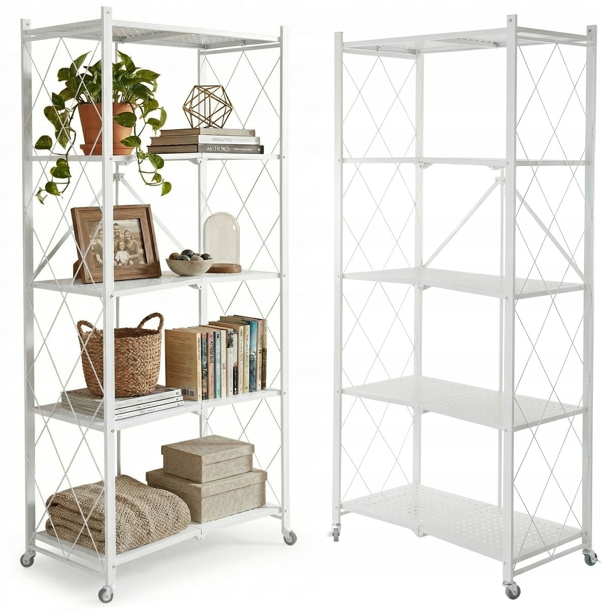 METAL RACK FOLDING ON WHEELS STORAGE KITCHEN LOFT 5 SHELVES WHITE