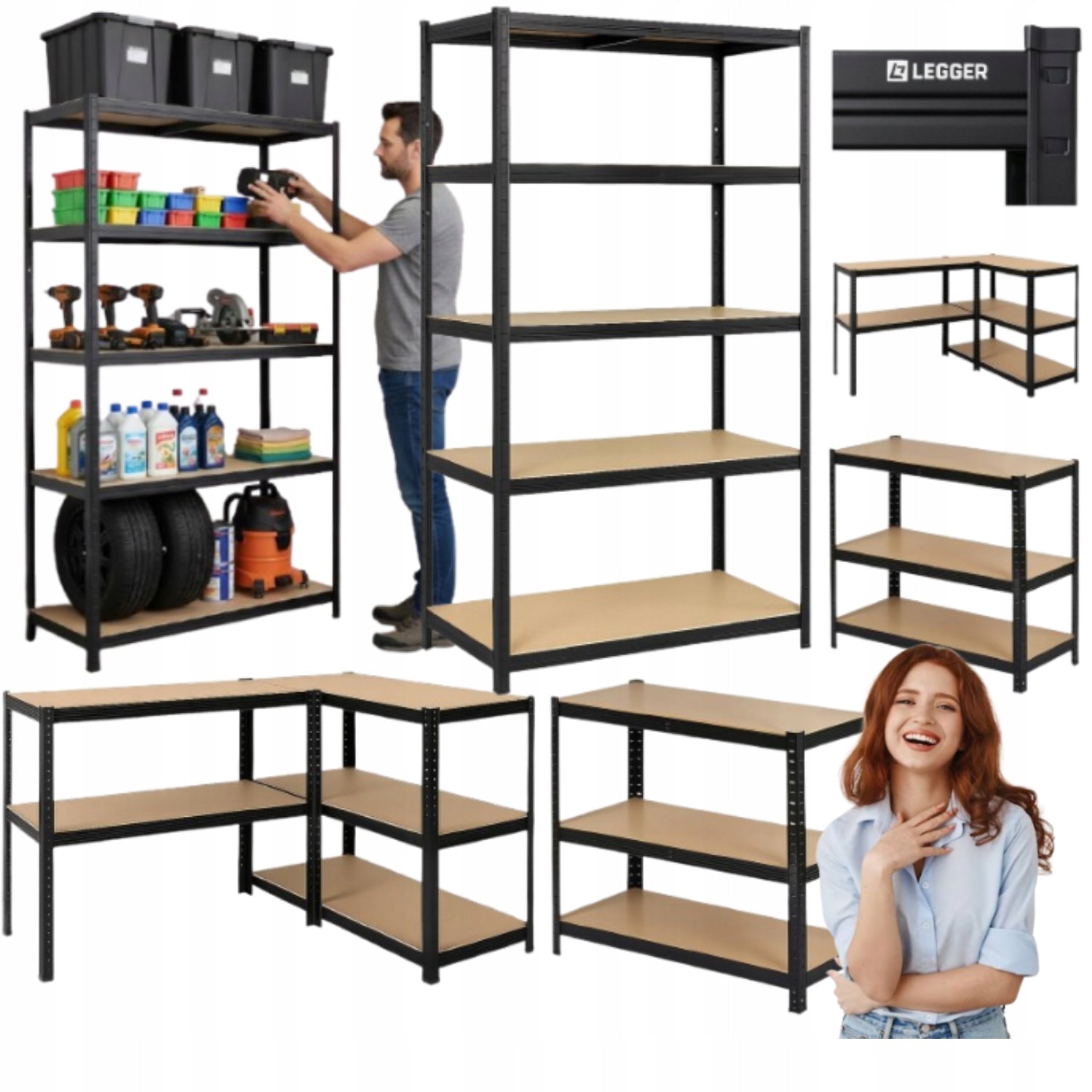 METAL STORAGE RACK LEGGER - BLACK - LIFTING CAPACITY 850 KG - 180x60x40 CM