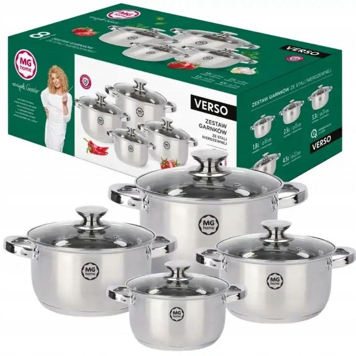 MG HOME VERSO SET OF POTS 8 EL LIDS STAINLESS STEEL MAGDA GESSLER