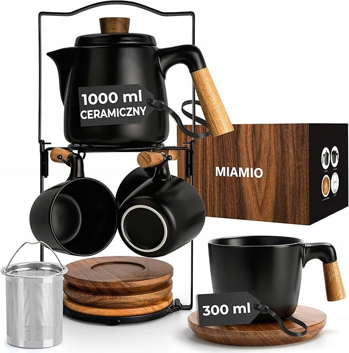 MIAMIO TEA SET BLACK CERAMIC INFUSER 4 BAMBOO CUPS