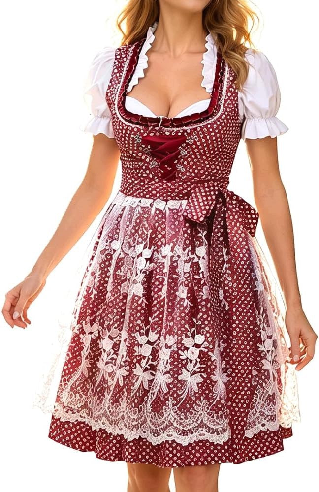 MIDI DRESS FOLK COSTUME WOMEN'S RED SET PUFFY SLEEVE DRAWSTRING