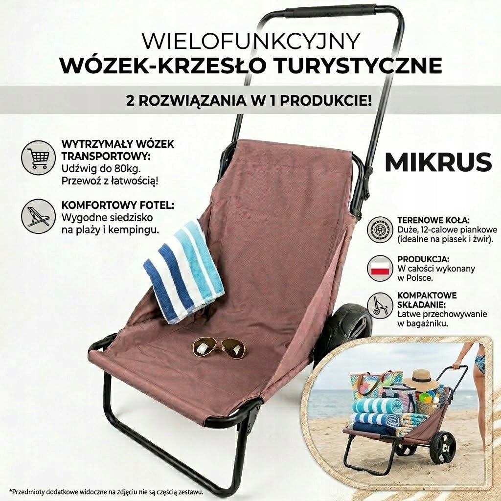 MIKRUS BEACH STROLLER,FOTEL,TOURIST CHAIR ON WHEELS WITH HANDLE Packaging status original