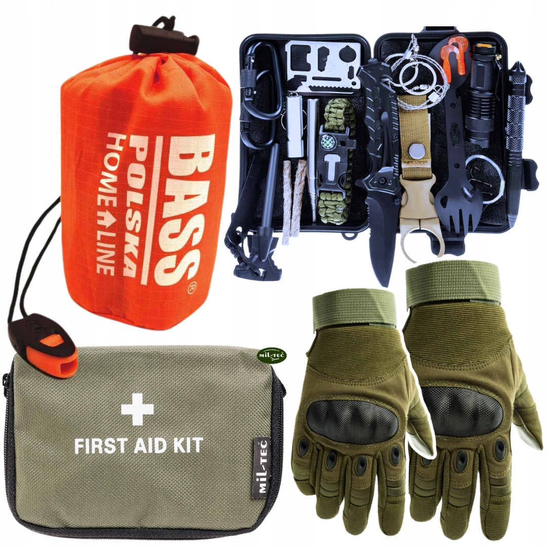 MIL-tec TRAVEL FIRST AID KIT 21el + LARGE 32in1 ESSENTIAL + FIRST AID KIT Manufacturer code Zestaw 32w1 Rękawiczki XL Apteczka Śpiwór