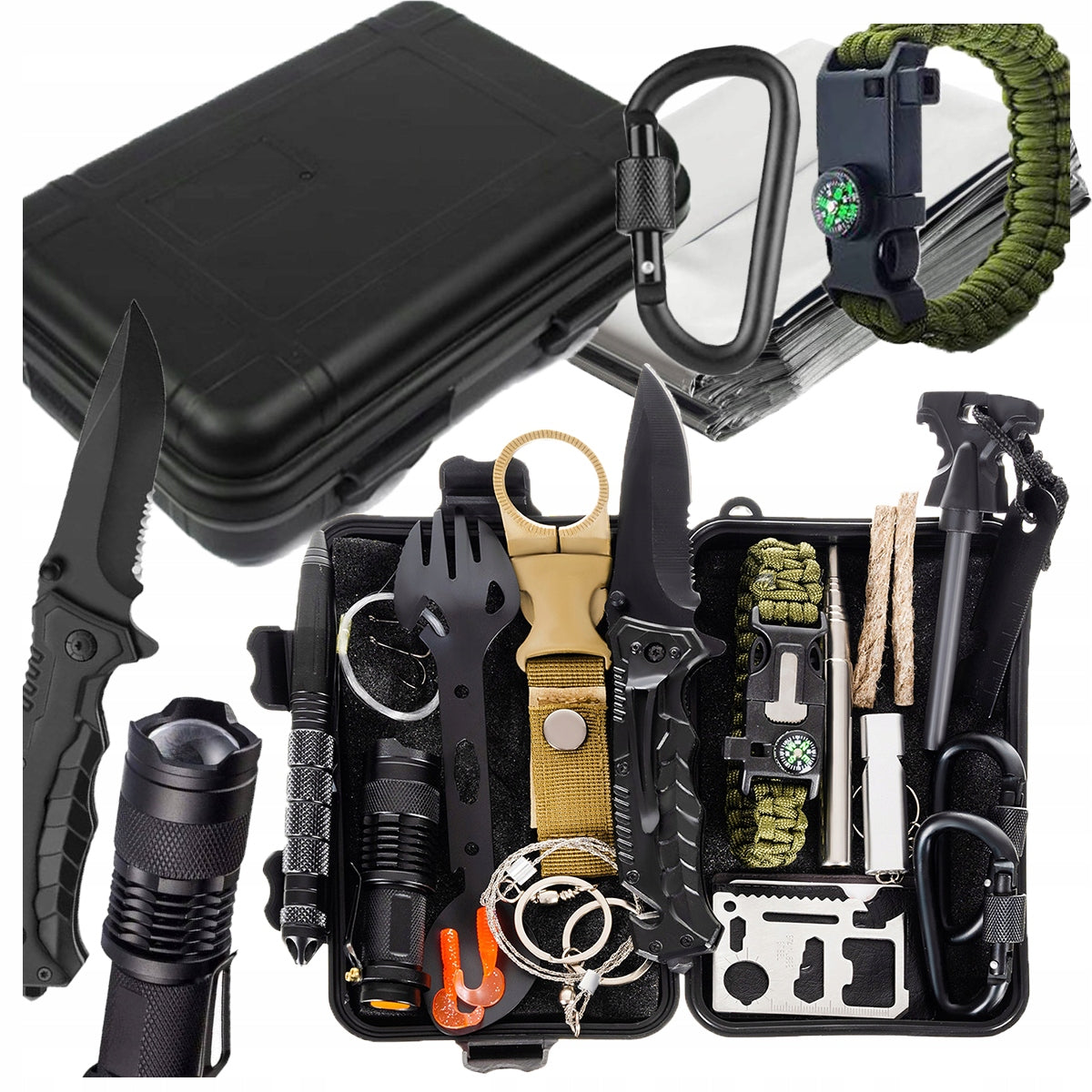MILITARY SURVIVAL MEGA SURVIVAL KIT 32in1 Knives Pocket Knife Compass + CASE Packaging status original