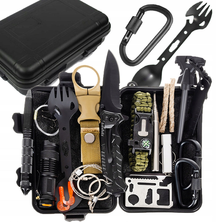 MILITARY SURVIVAL MEGA SURVIVAL KIT 32in1 Knives Pocket Knife Compass + CASE Tools pen fire striker bottle opener can opener saw window breaker