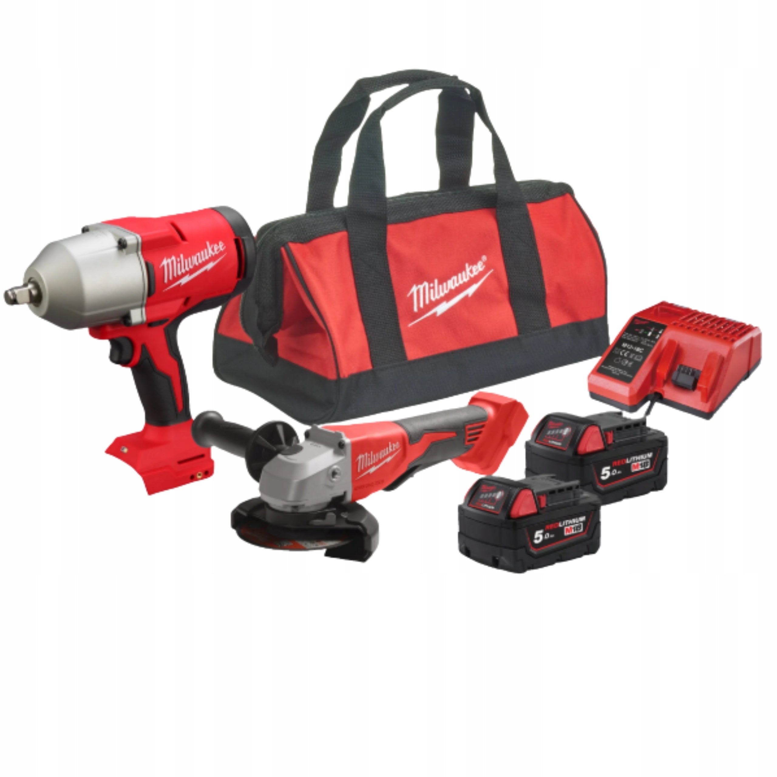 MILWAUKEE IMPACT WRENCH ANGLE GRINDER 18V 2x5,0Ah + BAG + CHARGER Packaging status original