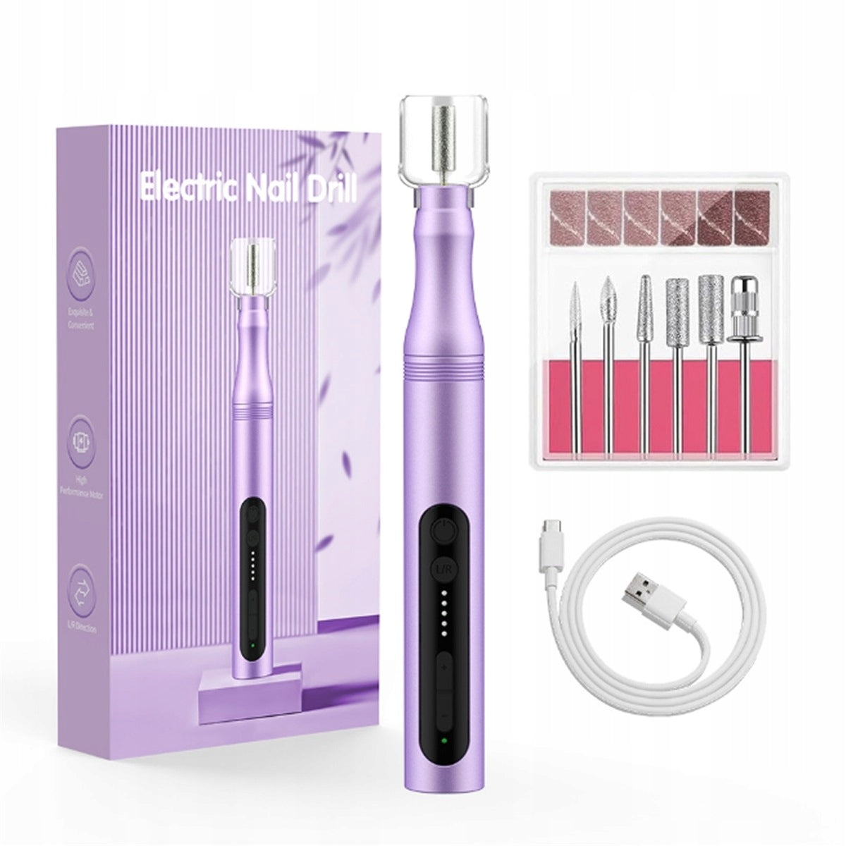 MINI ELECTRIC NAIL DRILL USB NAIL MILL, Purple Packaging status original