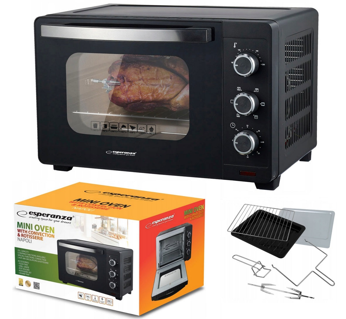 MINI ELECTRIC OVEN FREESTANDING NAPOLI 25L 1600W CONVECTION SPIT