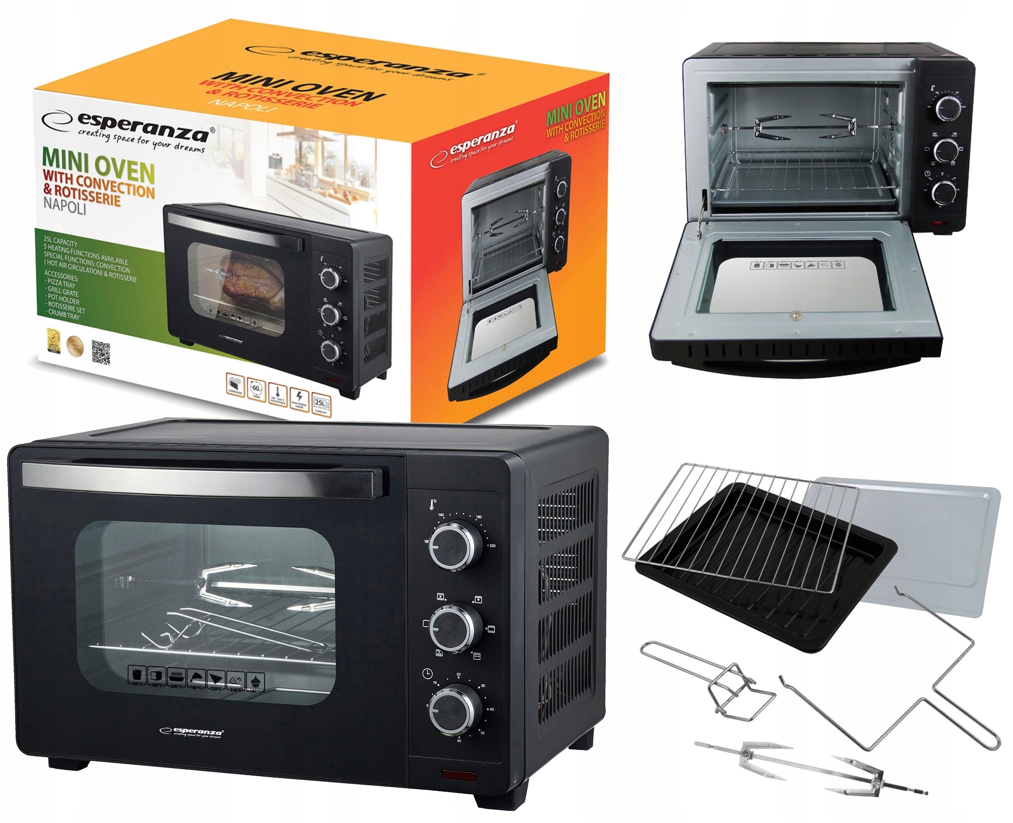 MINI OVEN 25L 1600W CONVECTION ROTATABLE SPIT WITH THERMOCOUPLE TIMER
