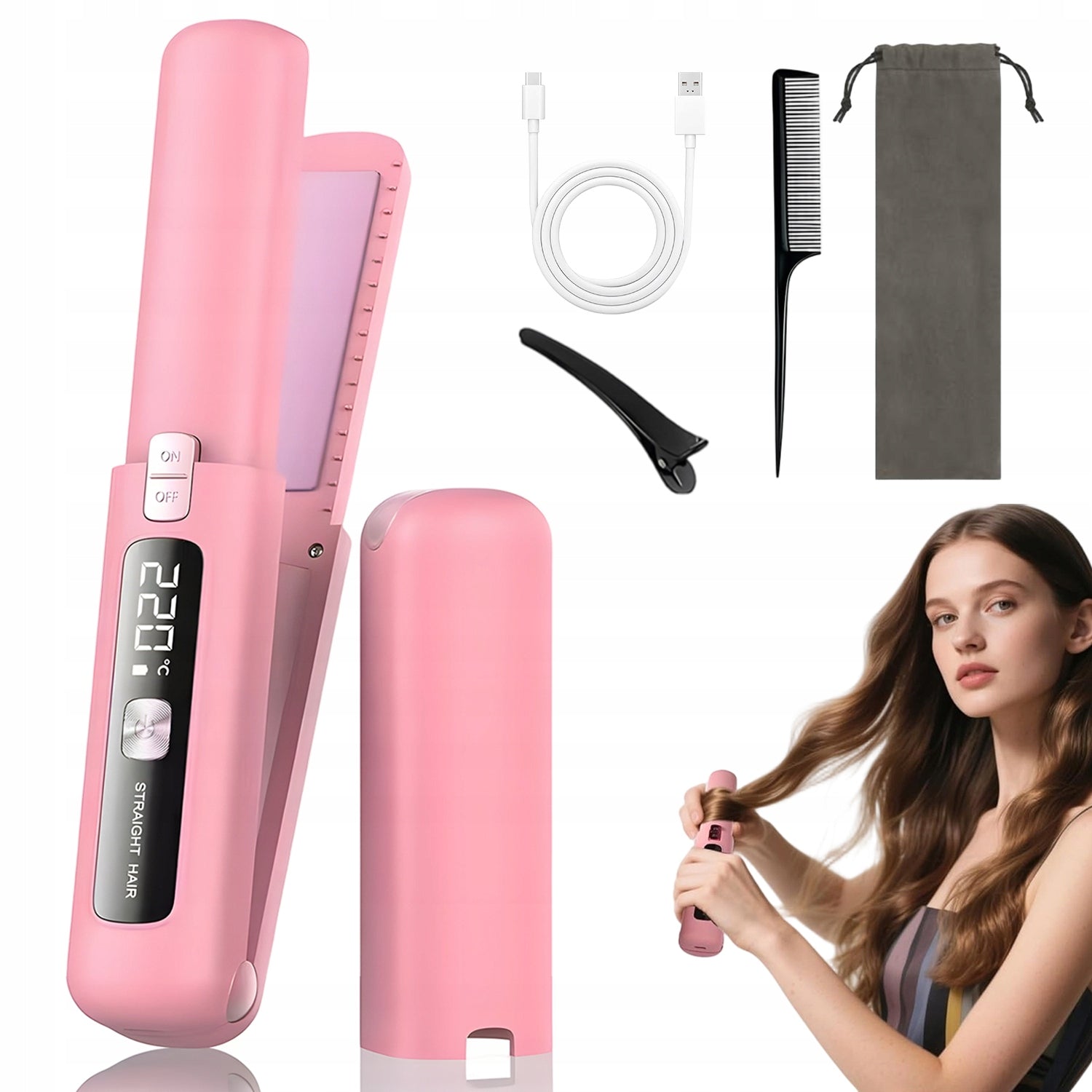 MINI PORTABLE TRAVEL STRAIGHTENER, 6 ADJUSTABLE TEMPERATURES, 2 IN 1, 3,7 V