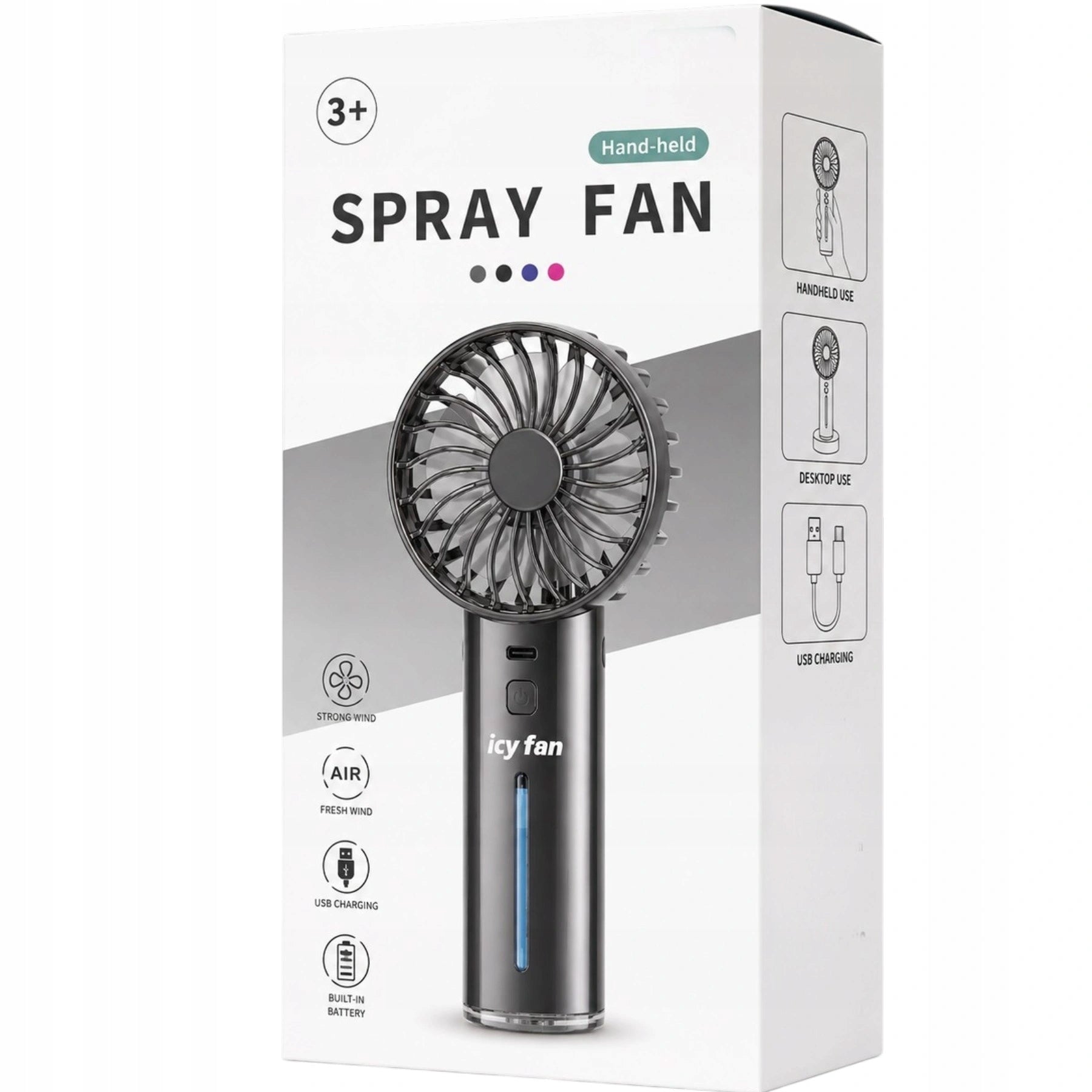 MINI PORTABLE WINDMILL HANDHELD FAN WITH MIST COOLS WATER MIST Packaging status original