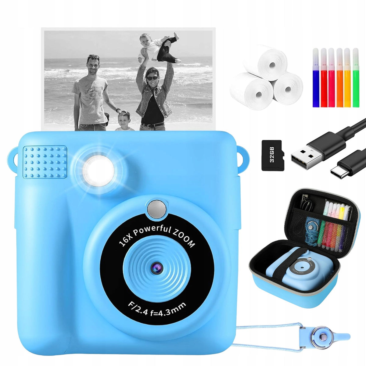 MINI PRINTER CAMERA WITH THERMAL PRINT CHILDREN 32GB LANYARD CASE STICKERS