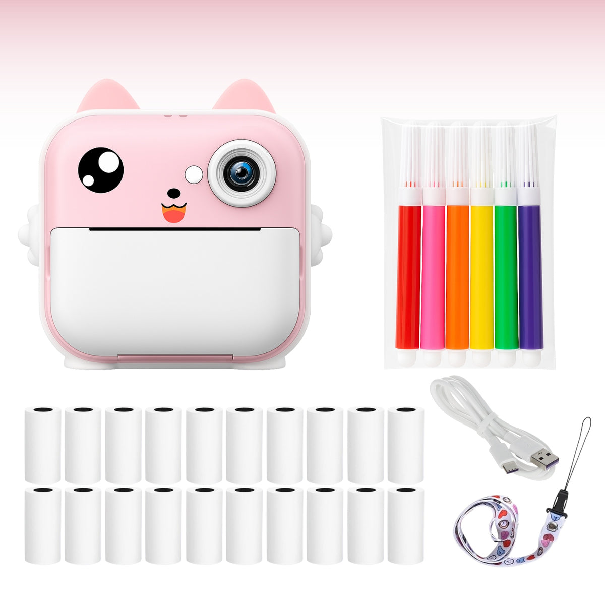 MINI PRINTER PRINTABLE THERMAL INSTANT CAMERA FOR KIDS + 20 ROLLS Manufacturer code DRUKUŚ RÓŻÓWY 20 ROLEK ZESTAW MEMFLOW