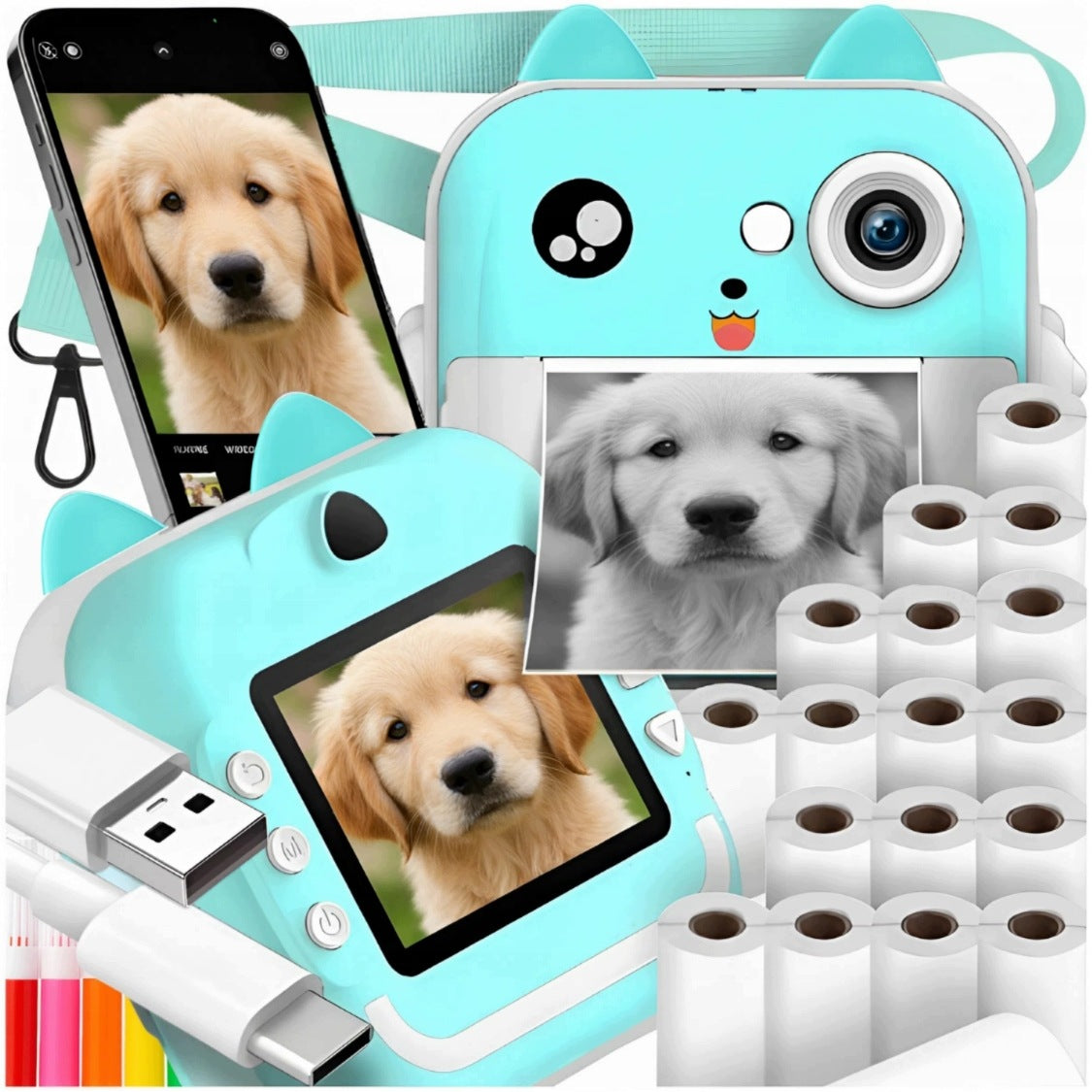 MINI PRINTER THERMAL INSTANT CAMERA FOR CHILDREN + 20 ROLLS Manufacturer code DRUKUŚ NIEBIESKI 20 ROLEK ZESTAW MEMFLOW