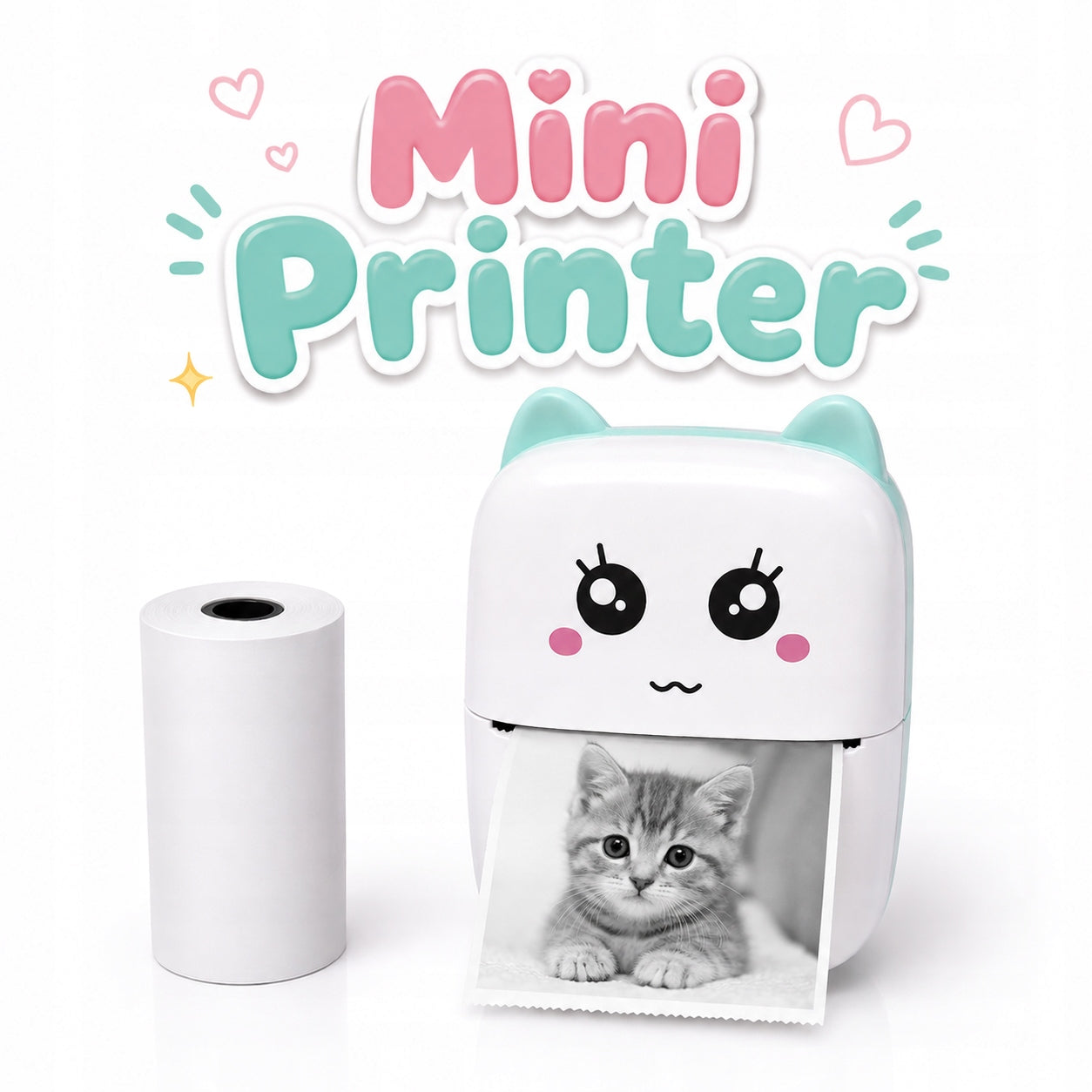 MINI THERMAL PRINTER CAT PORTABLE BLUE + ROLLS FREEBIE