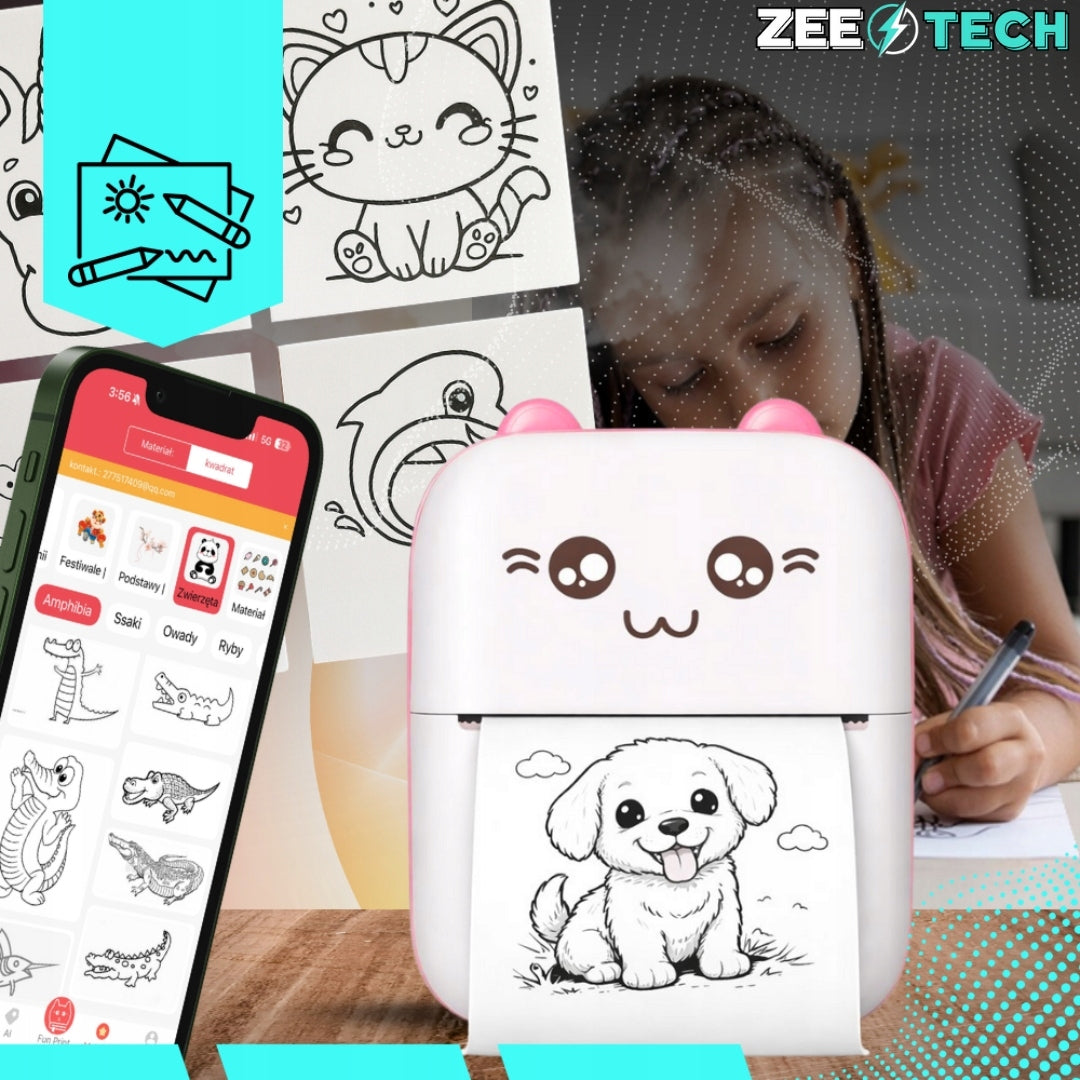 MINI THERMAL PRINTER FOR CHILDREN PRINT PORTABLE KITTY+10 ROLLS+STICKERS Packaging status original