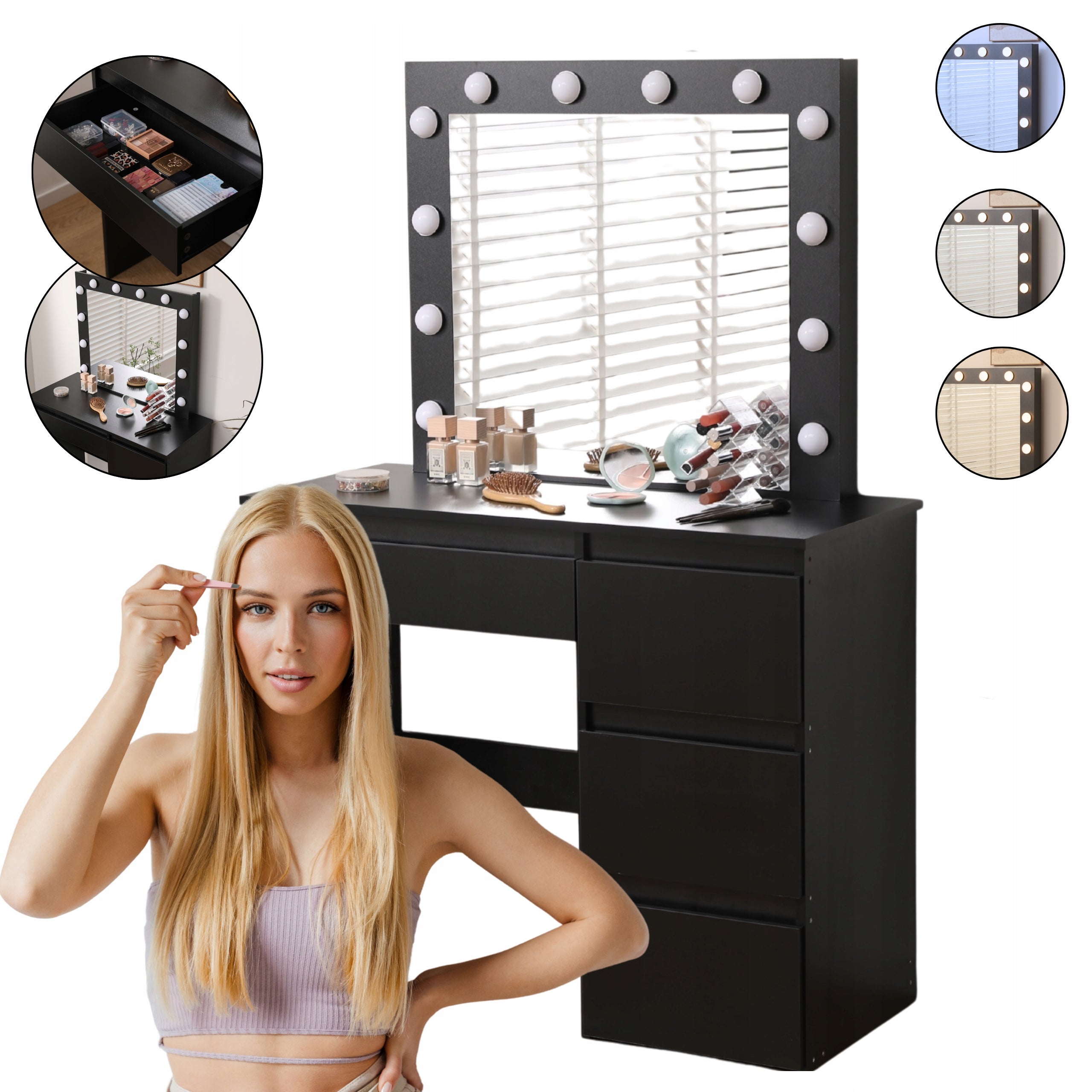 MIRROR DRESSING DRESSING TABLE DT06 LED 3 LIGHT COLORS LARGE MIRROR 4 DRAWERS BLACK