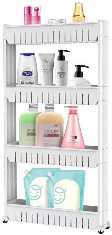 MOBILE BATHROOM CABINET KITCHEN BOOKCASE ON WHEELS SHELF WHITE NARROW Packaging status original