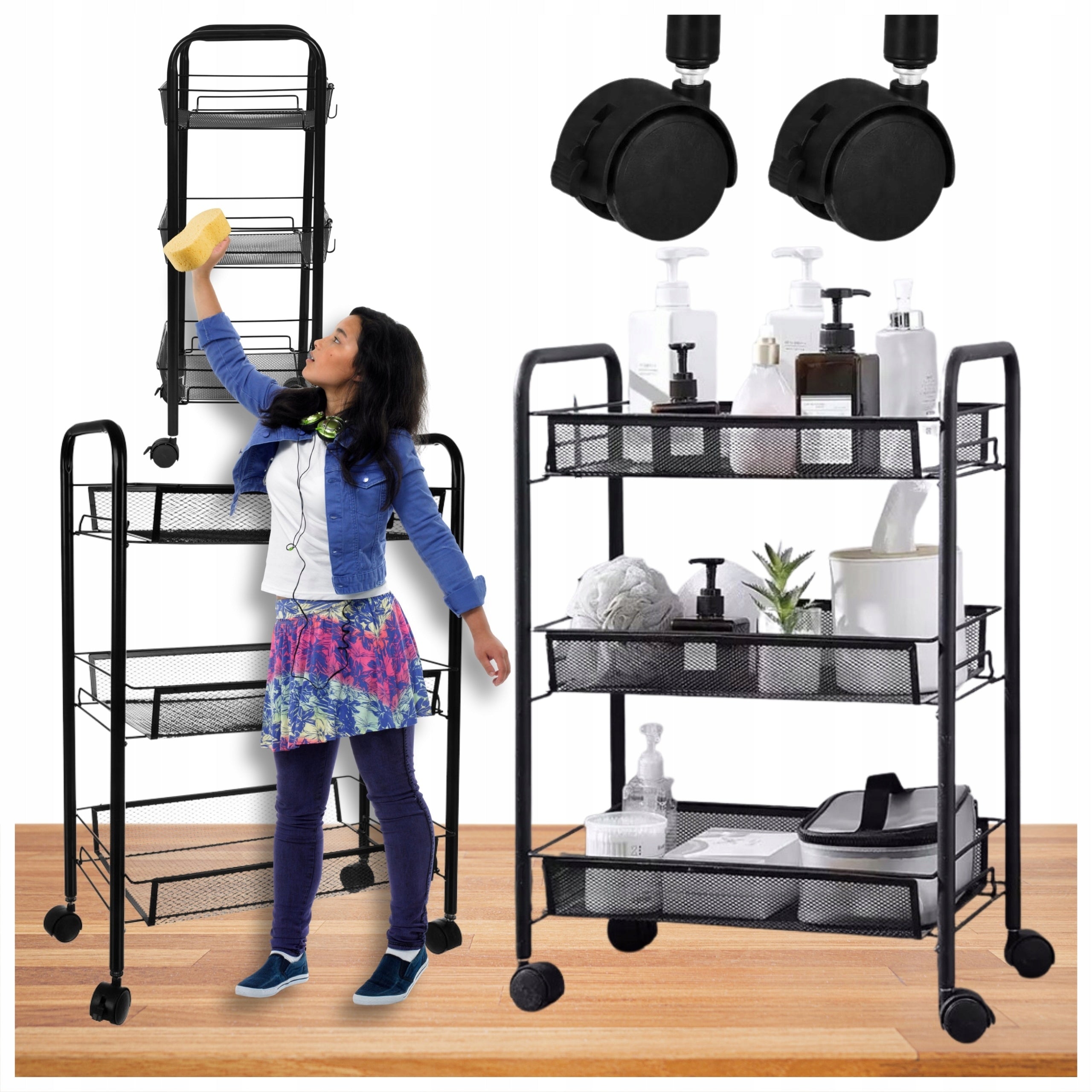 MOBILE BOOKCASE ON WHEELS KITCHEN BATHROOM TROLLEY BLACK practical organizer