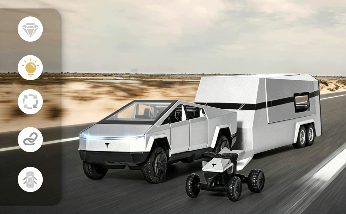 MODEL TESLA CYBERTRUCK 3IN1 WITH MOTORHOME QUAD METAL SILVER SOUND 1:32 LED Brand no brand
