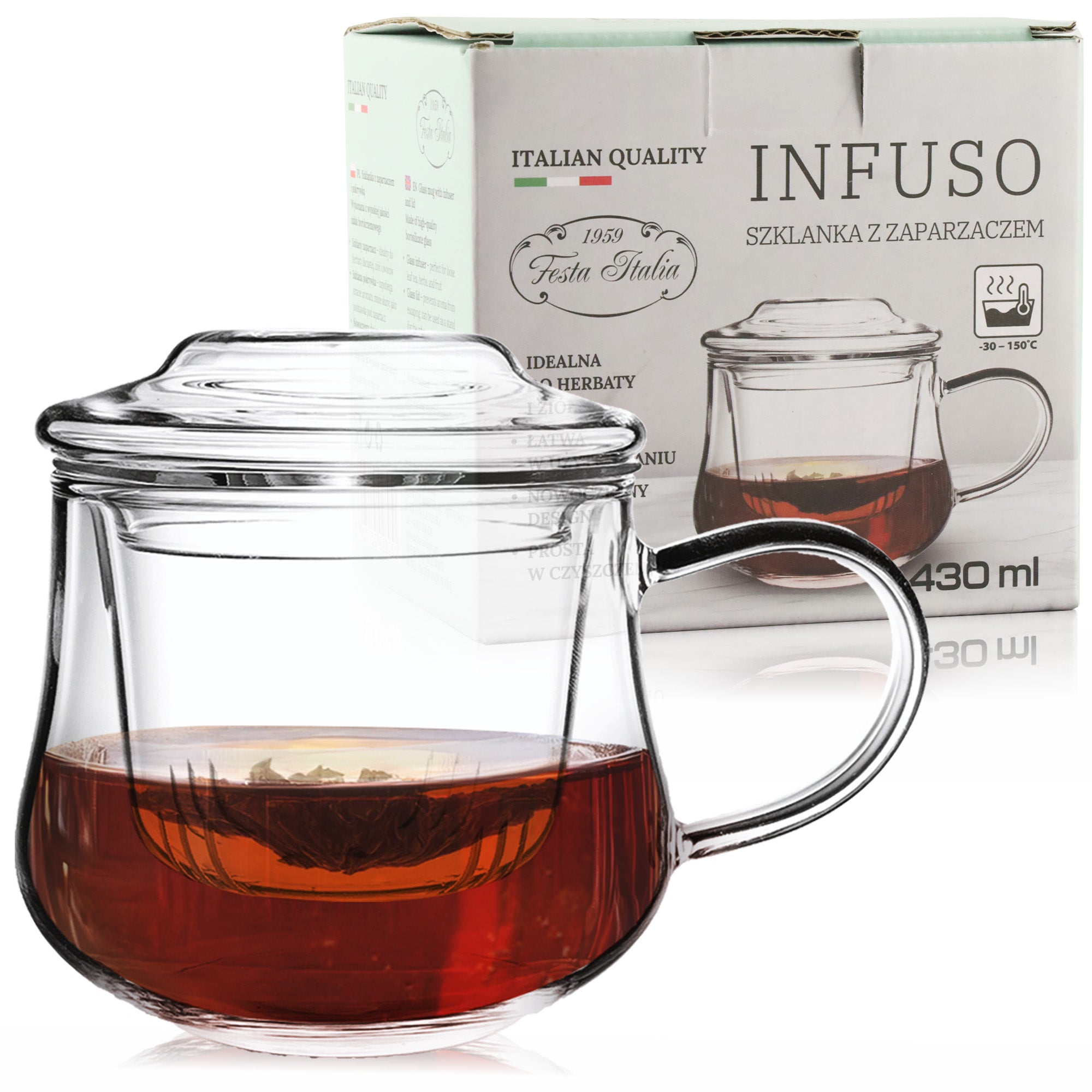 MODERN GLASS MUG WITH TEA INFUSER HERBS 430ml GLASS CARTRIDGE