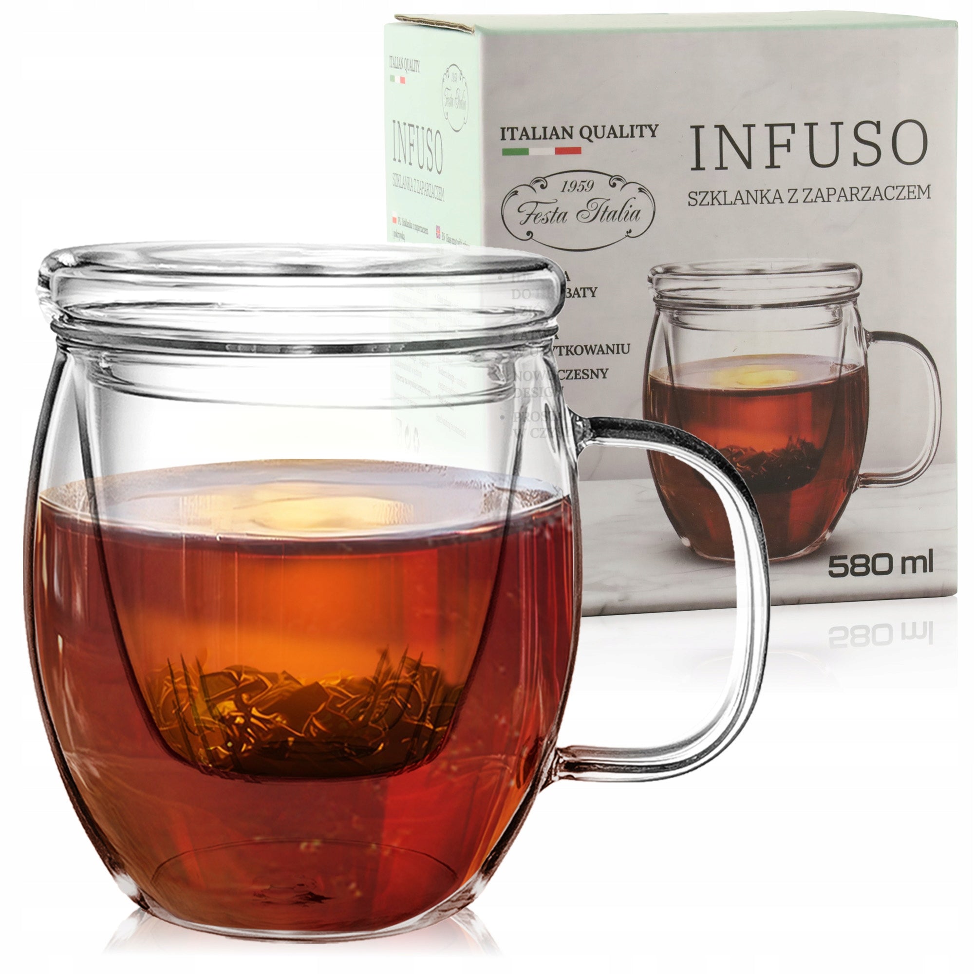 MODERN GLASS MUG WITH TEA INFUSER HERBS 580ml GLASS CARTRIDGE