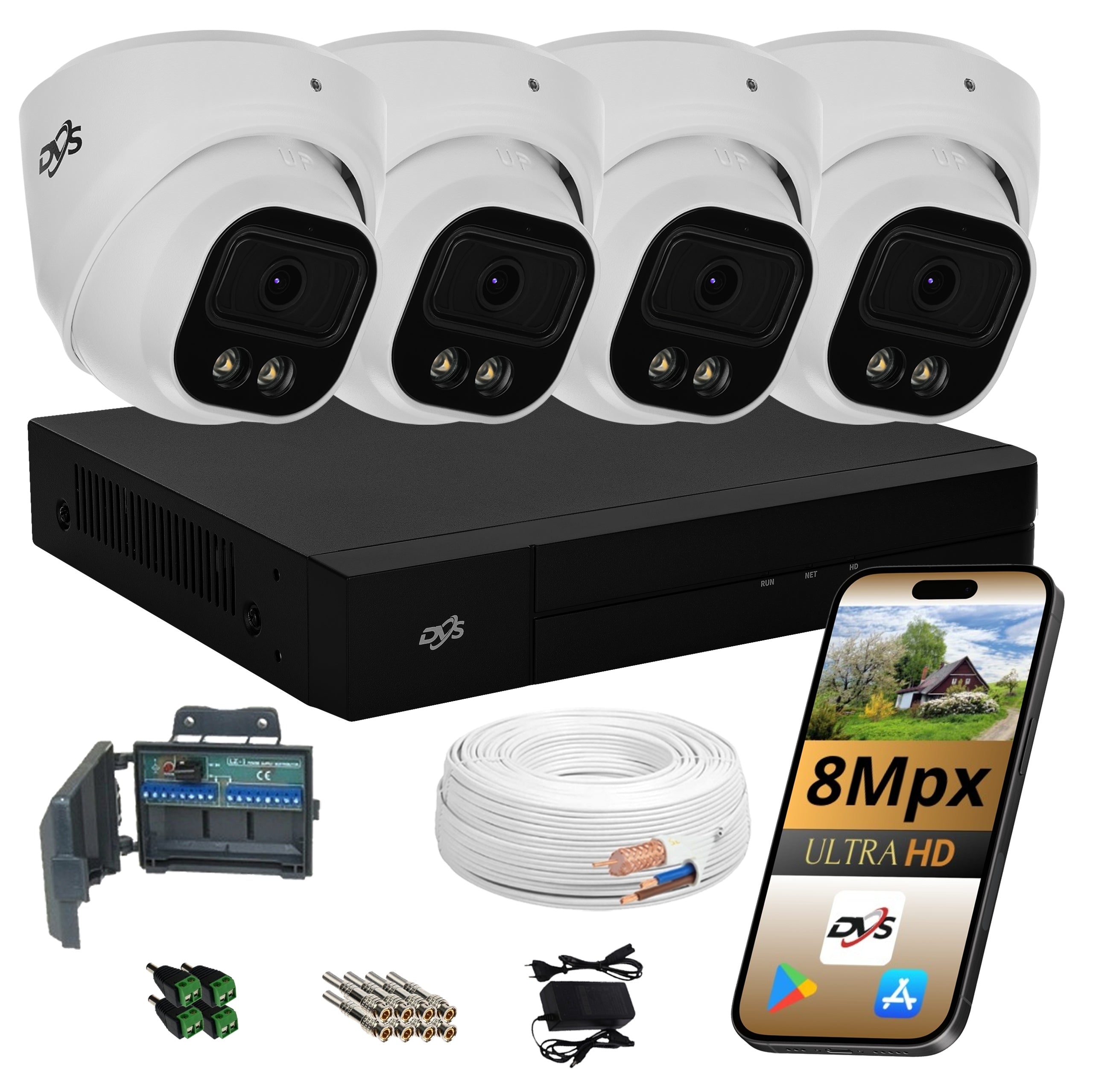 MONITORING KIT 4 Analog Cameras 8Mpx Outdoor Dome For Home