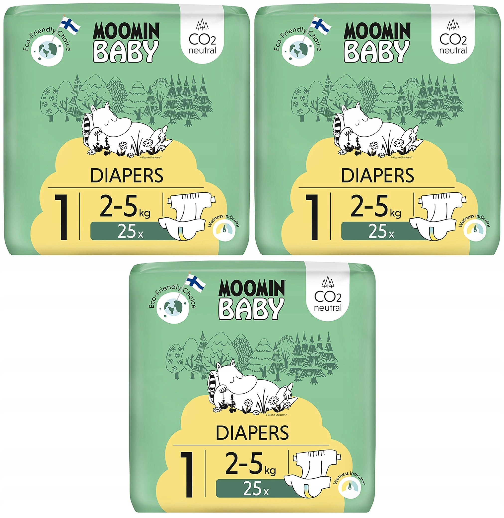 MOOMIN BABY 1 NEWBORN ECO ABSORBENT DIAPERS MUUMI 2-5KG 25 PCS. x3