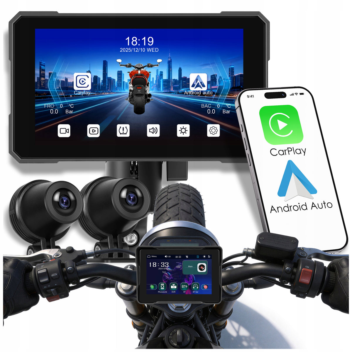 MOTORCYCLE STATION 2 CAMERAS DVR NAVIGATION CARPLAY ANDROID AUTO 5"