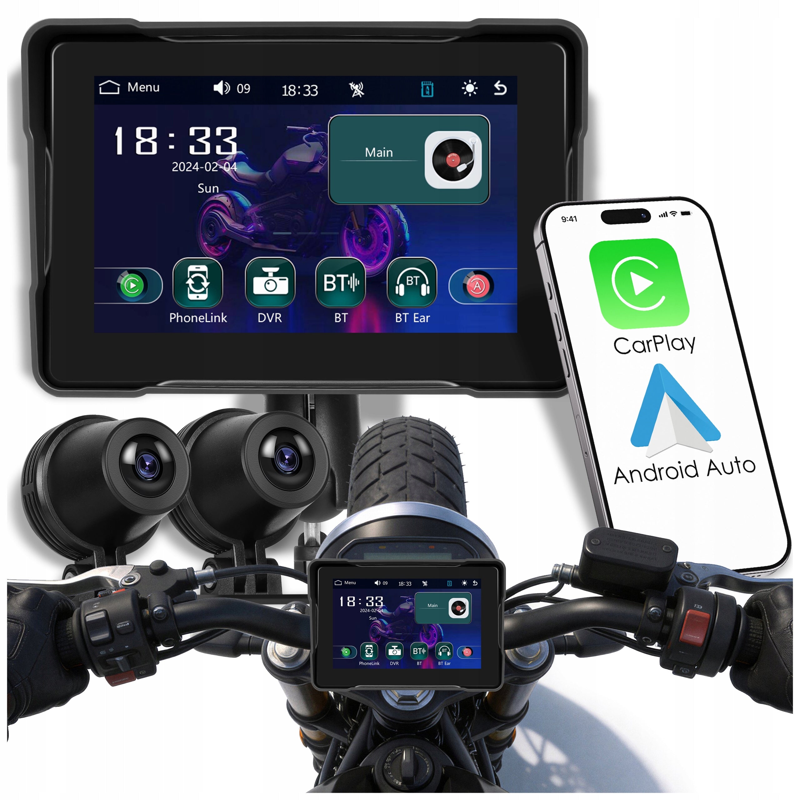 MOTORCYCLE STATION 2 CAMERAS DVR NAVIGATION CARPLAY MIRROR ANDROID AUTO 5"