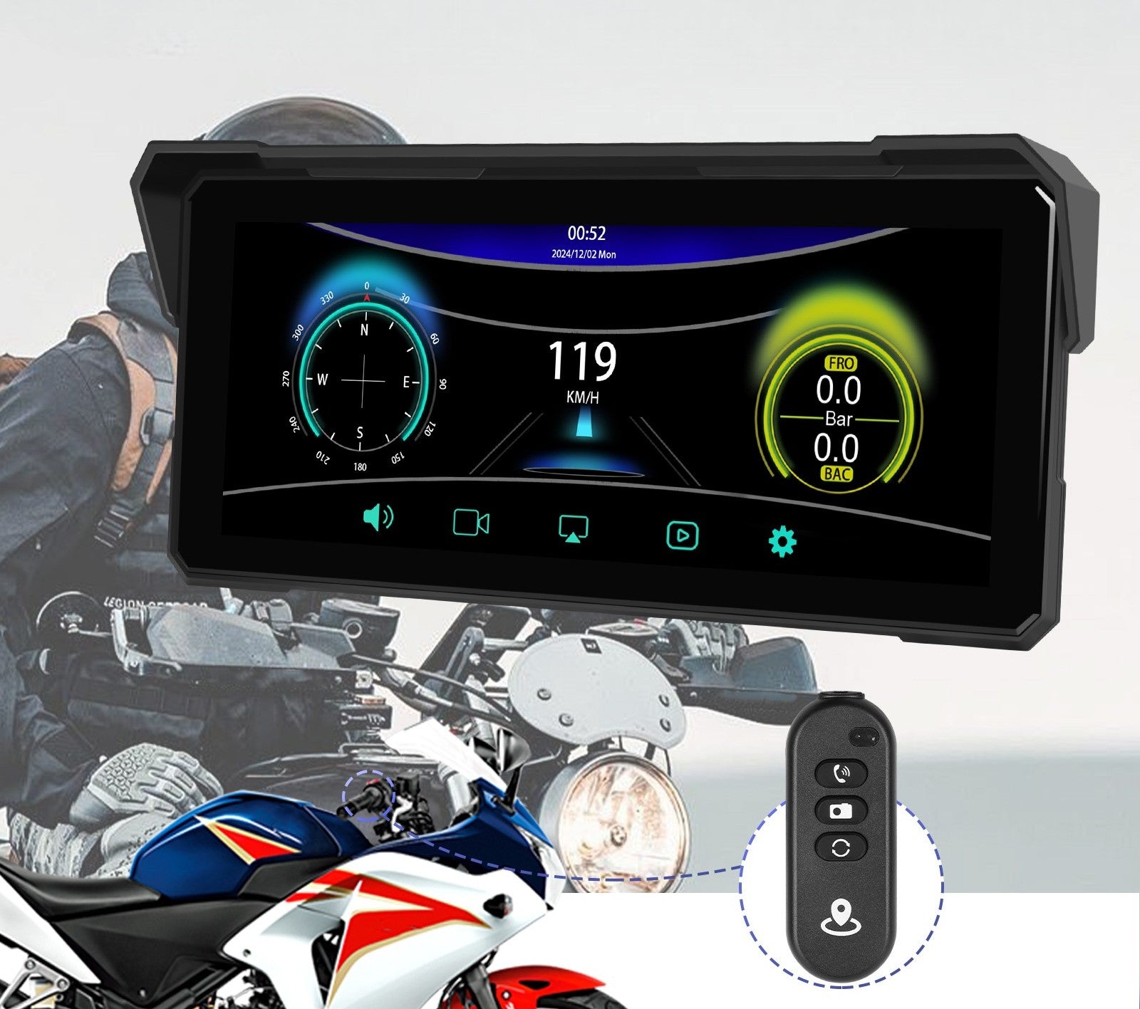 MOTORCYCLE STATION MONITOR ANDROID AUTO APPLE CARPLAY 2 CAMERAS DVR PILOT BT Manufacturer code EKRAN MOTOCYKLOWY ANDROID AUTO APPLE CARPLAY