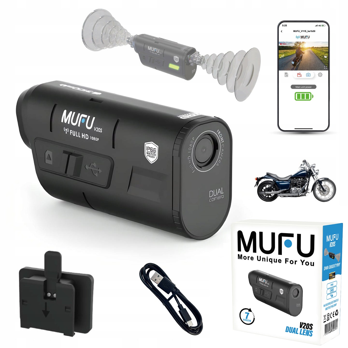MOTORCYCLE VIDEO RECORDER MUFU MOTOCAM V20S FullHD 7h camera for motorcycle