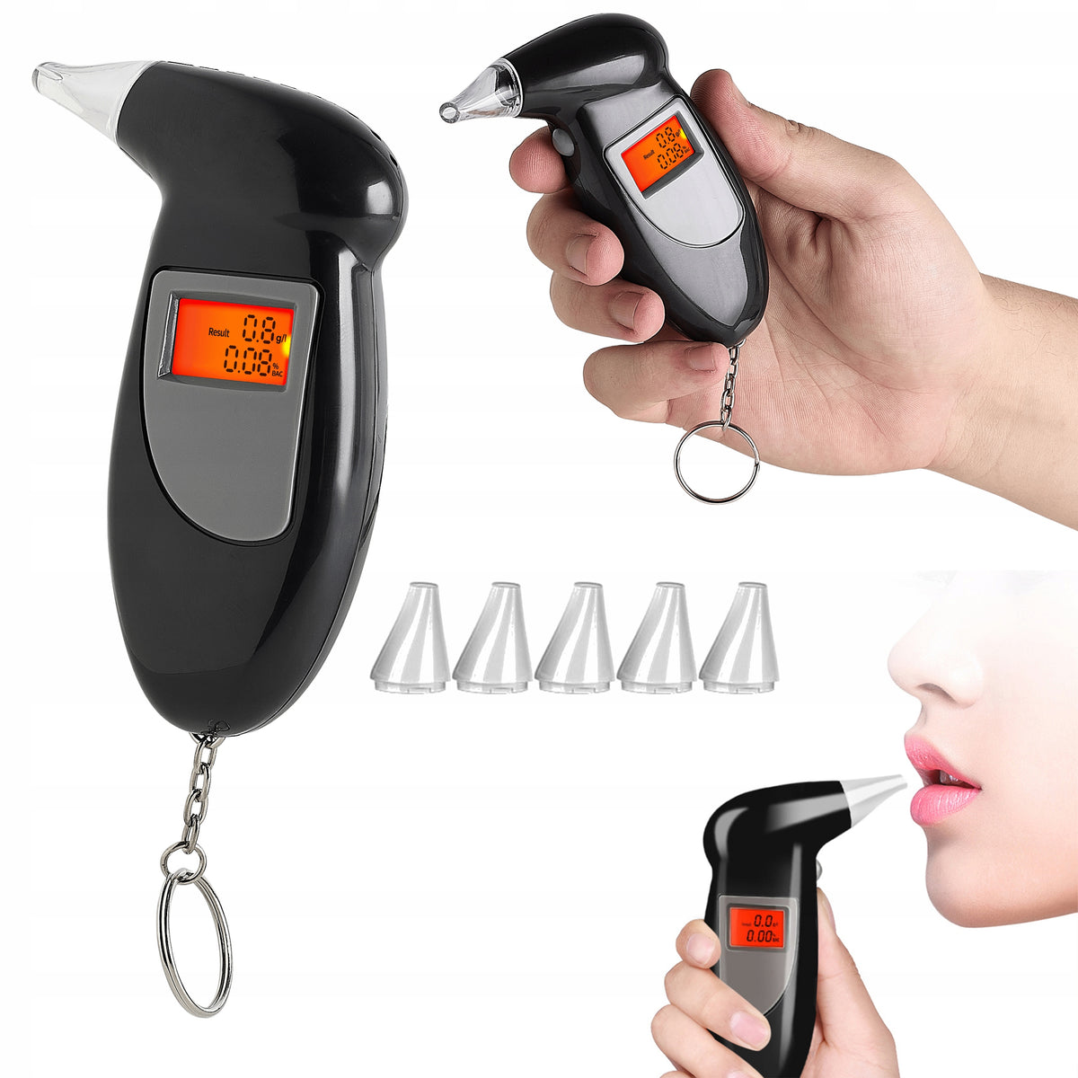 MOUTHPIECE BREATHALYZER with mouthpieces alkotest LCD keychain 5 tips small