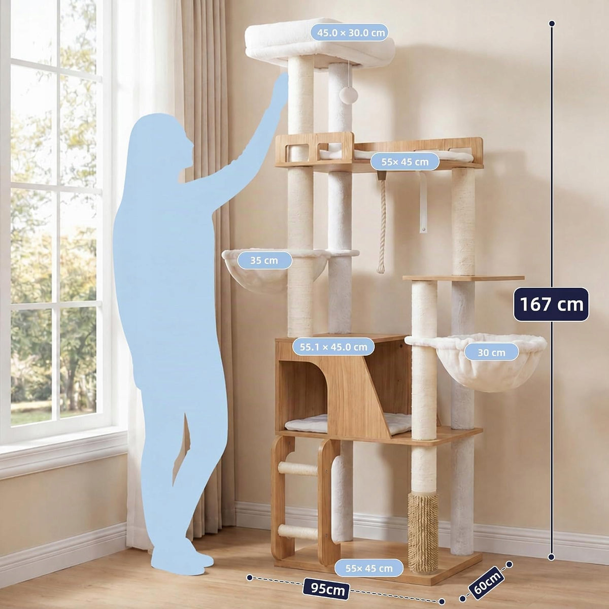 MULTI-LEVEL CAT SCRATCHER WITH WOODEN ELEMENTS BRIGHT 167CM 2 BASKETS Manufacturer code DRAPAK DLA KOTA WIELOPOZIOMOWY Z DREWNIANYMI