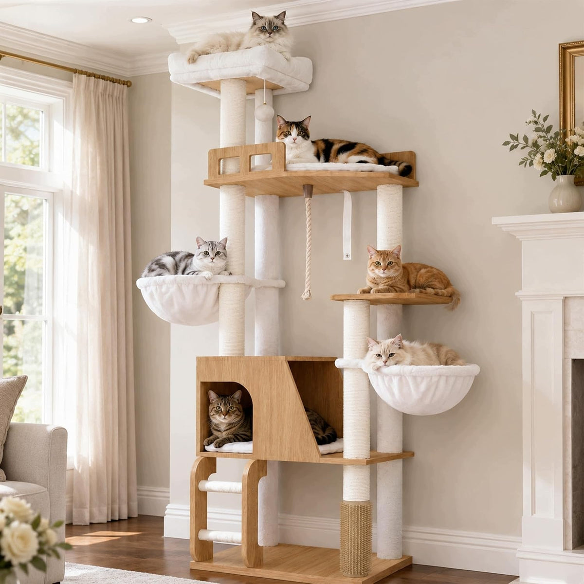 MULTI-LEVEL CAT SCRATCHER WITH WOODEN ELEMENTS BRIGHT 167CM 2 BASKETS