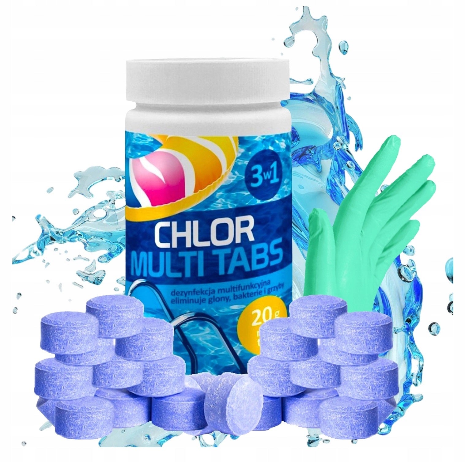 MULTIFUNCTIONAL MULTI TABLETS CHLORINE CHEMISTRY FOR POOL 50x20G 1KG +GLOVES