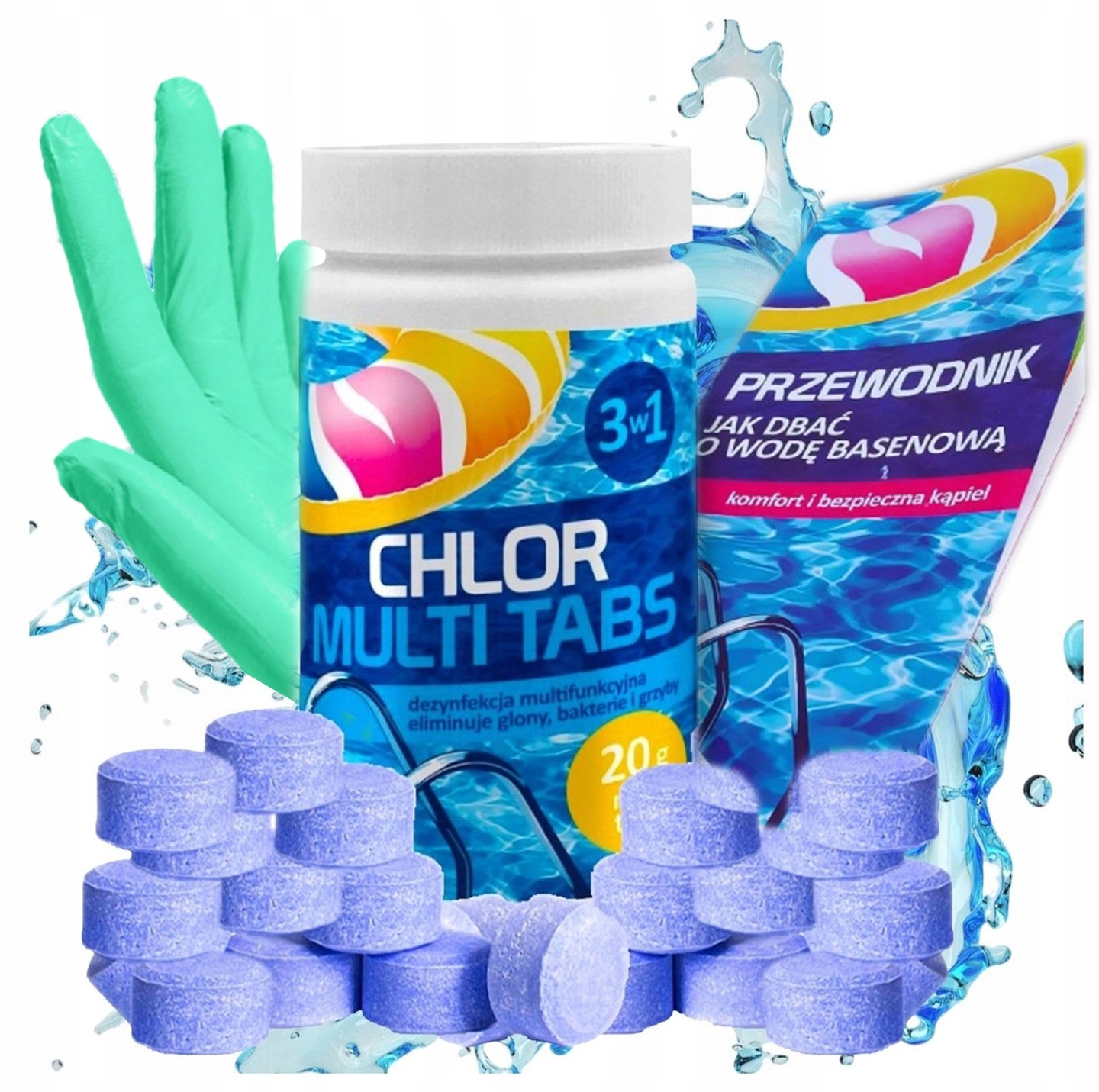 MULTIFUNCTIONAL MULTI TABLETS CHLORINE CHEMISTRY FOR POOL 50x20G 1KG + GUIDE