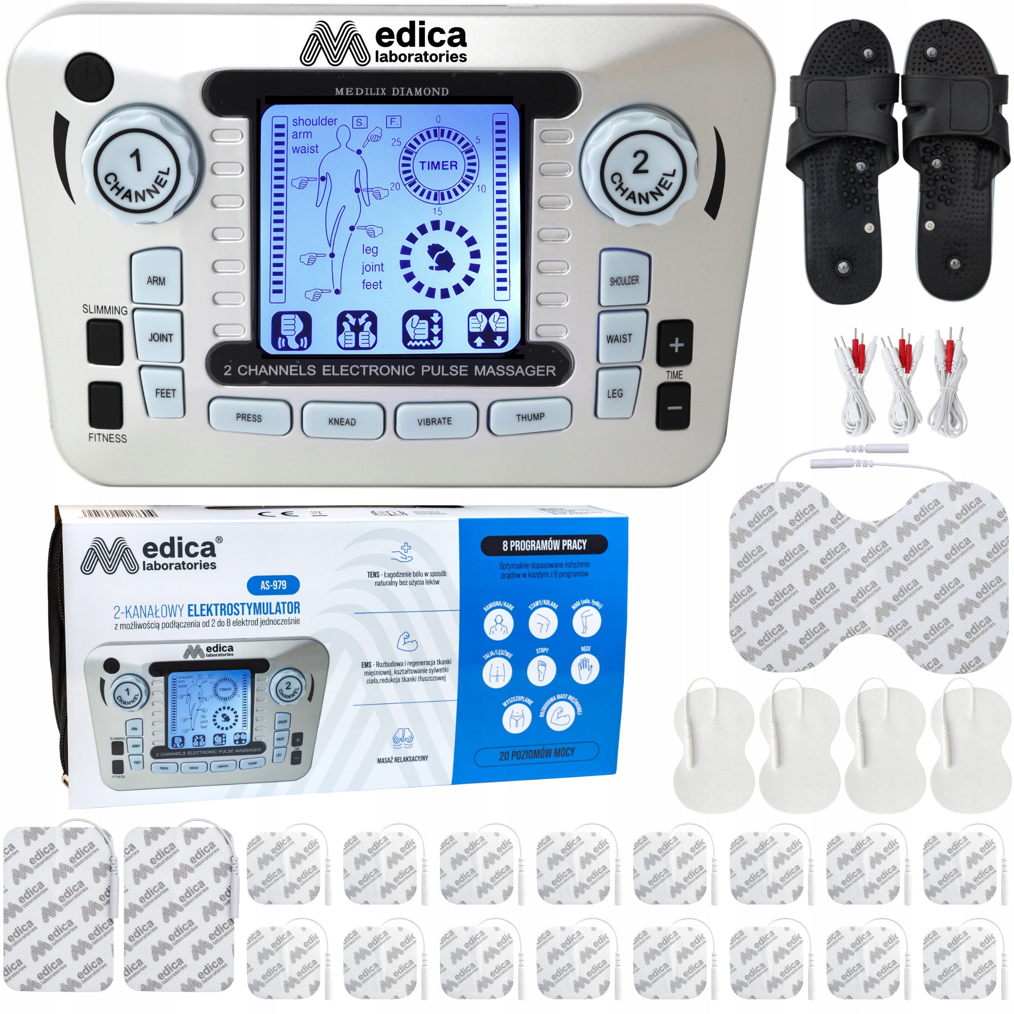 MUSCLE ELECTROSTIMULATOR MASSAGER TENS EMS +ELECTRODES+BATTERIES SET XXL