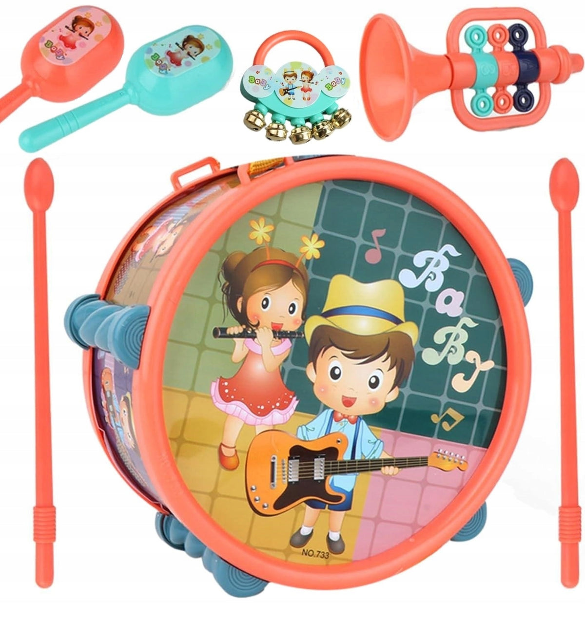 MUSICAL INSTRUMENTS COLORFUL SENSORY TODDLER DRUM RATTLE TRUMPET