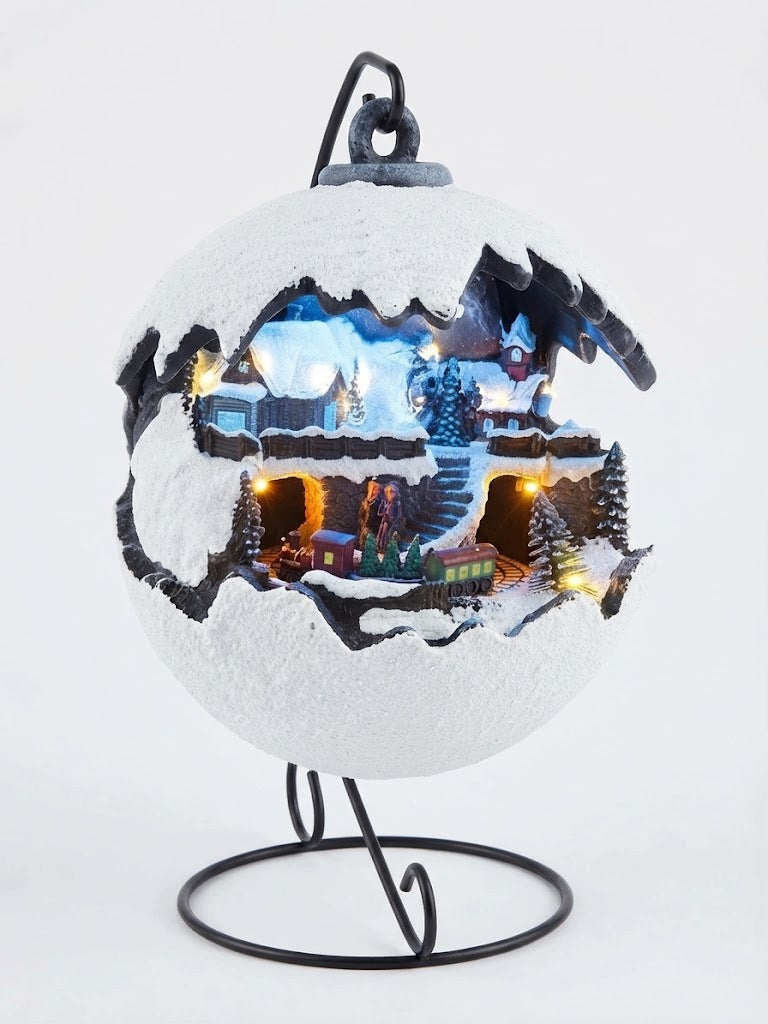 Magic LED Snowball with Winter Village and Train Unique Ornament Manufacturer code kula
