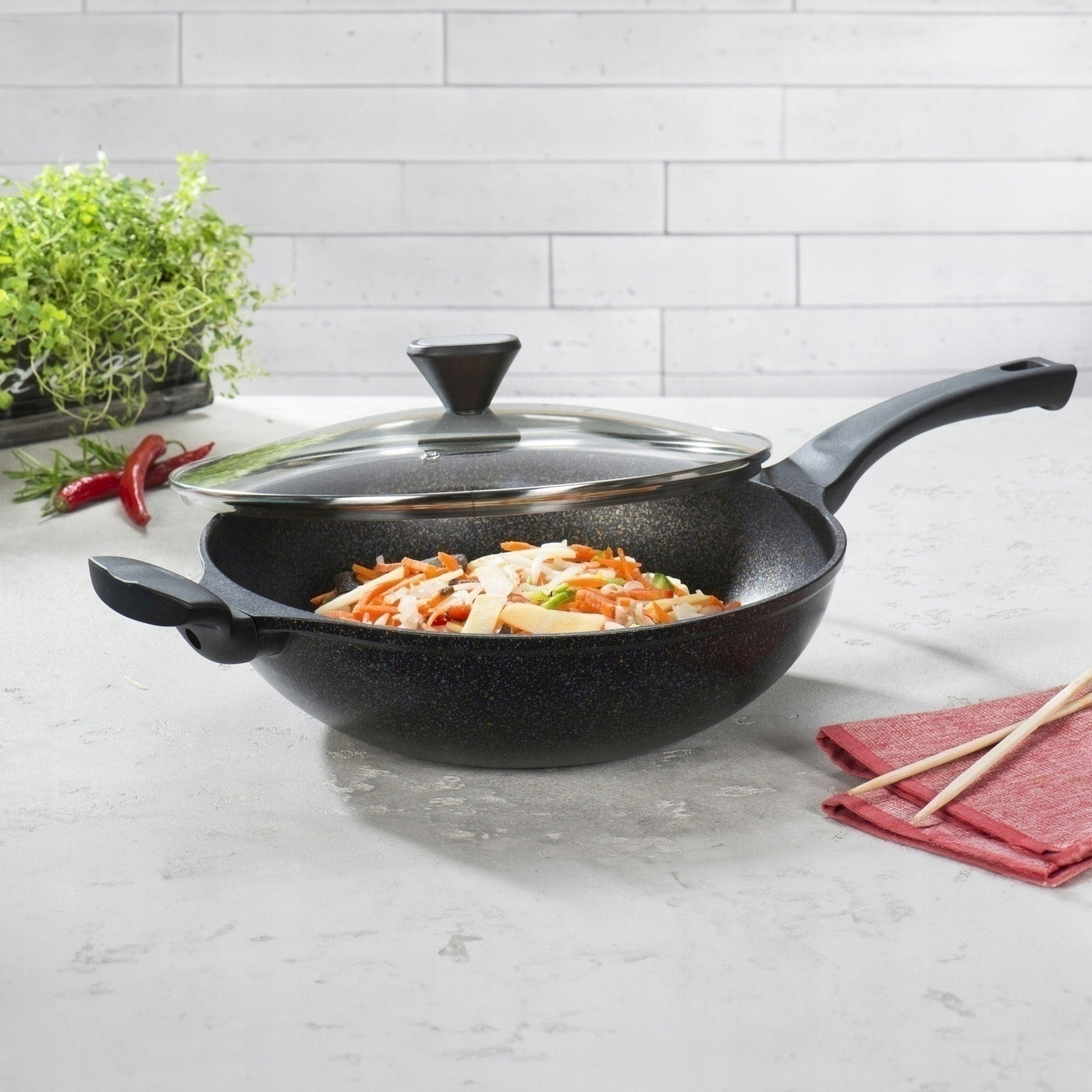 Marble WOK PAN for induction gas GLASS LID 30cm Konighoffer Brand Konighoffer