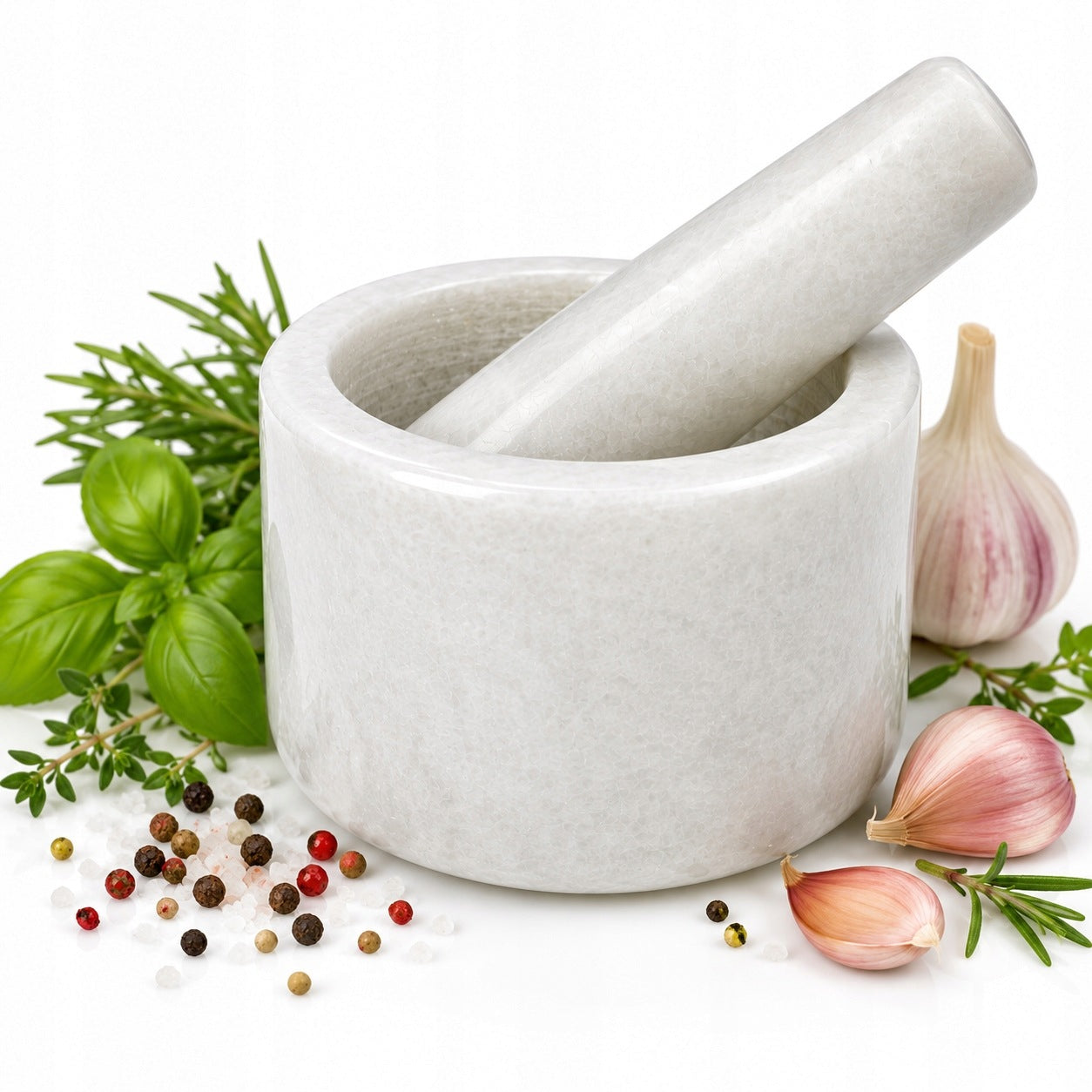 Marble kitchen mortar, white, fi 10 cm with pestle
