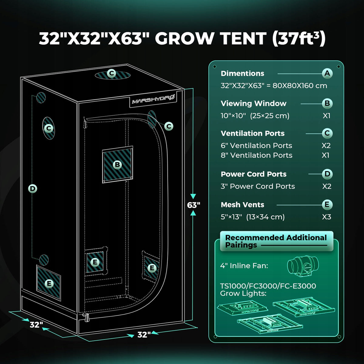 Mars Hydro 80x80x160cm Growbox Grow Kit|FC 1500 EVO 150W LED|6” Clip on Fan Manufacturer code FC-1500-SET-2509