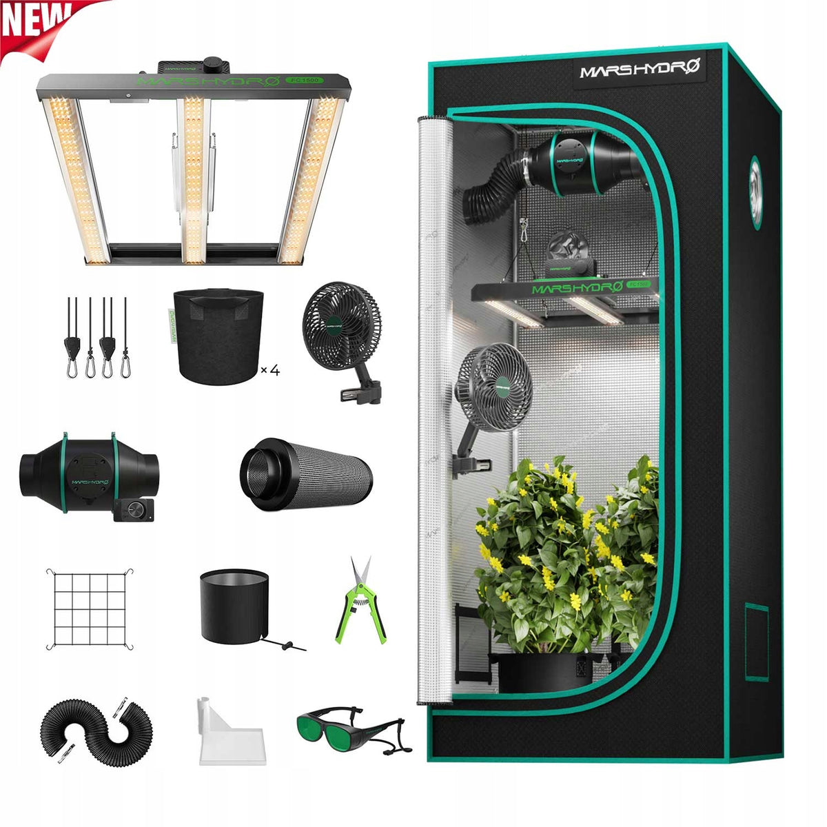 Mars Hydro 80x80x160cm Growbox Grow Kit|FC 1500 EVO 150W LED|6” Clip on Fan