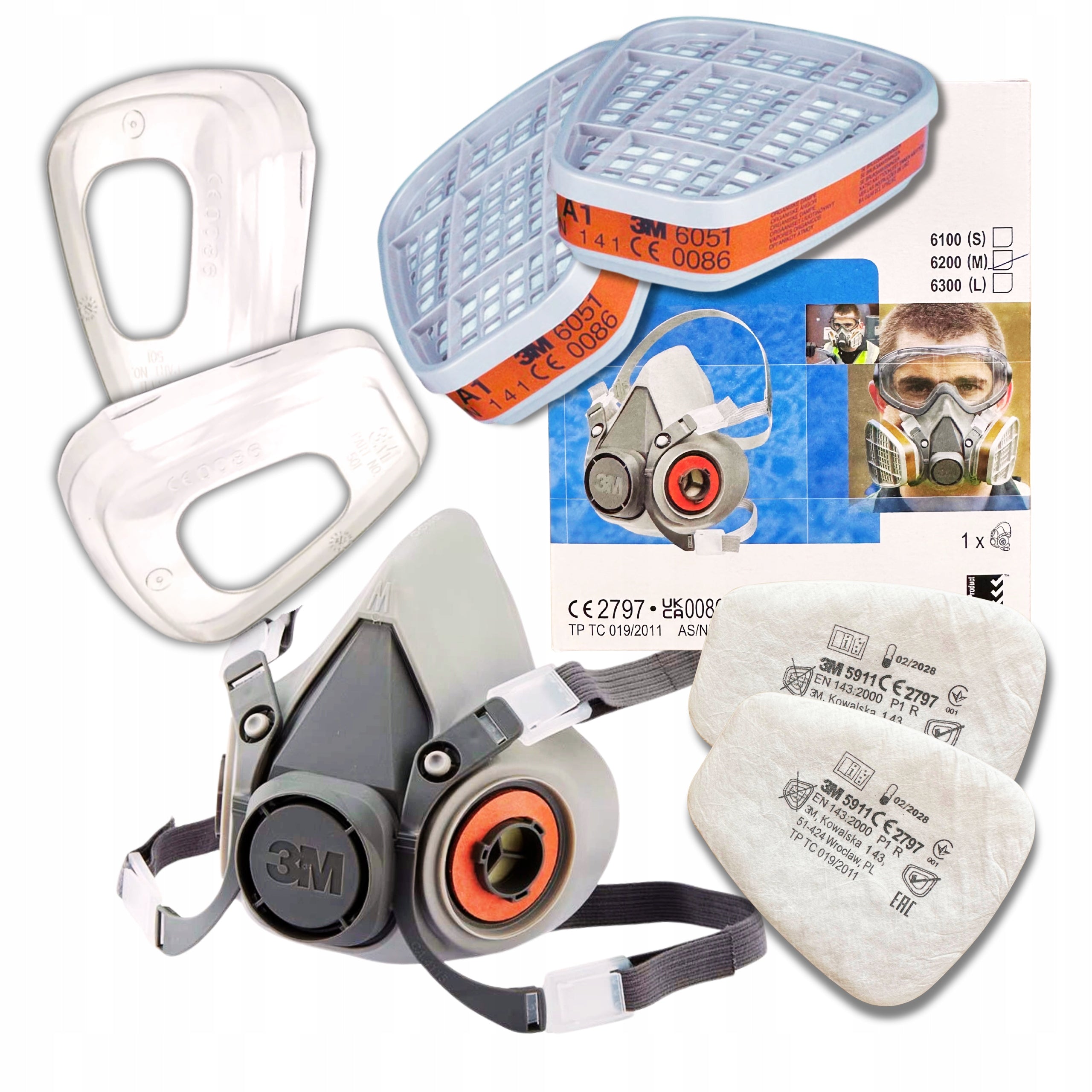 Mask 3M 6200 Filters 6051 A1 Filters 5911 P1 Covers 501 Protective Set